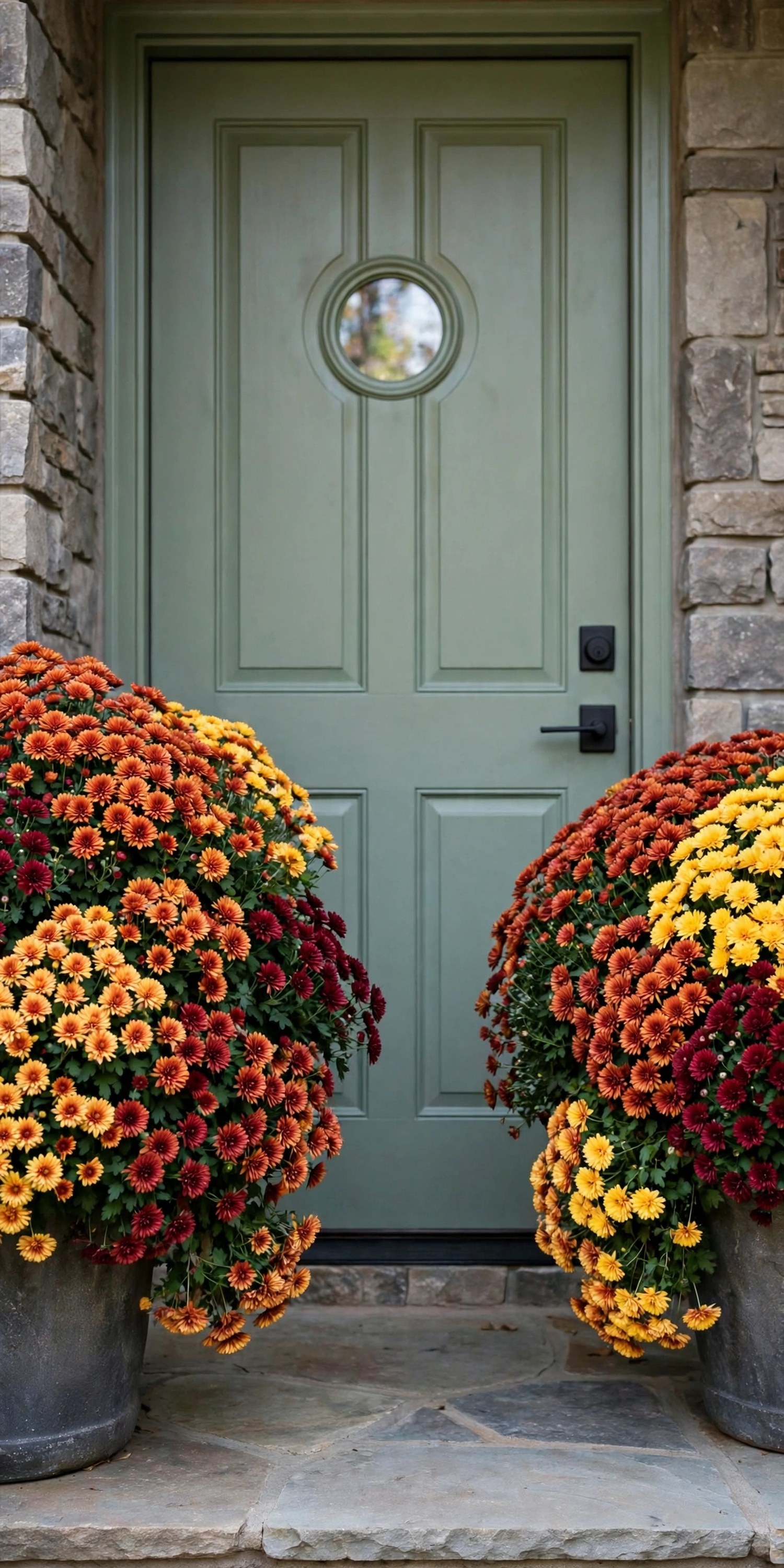 Large planters with colorful fall mums flanking a front door