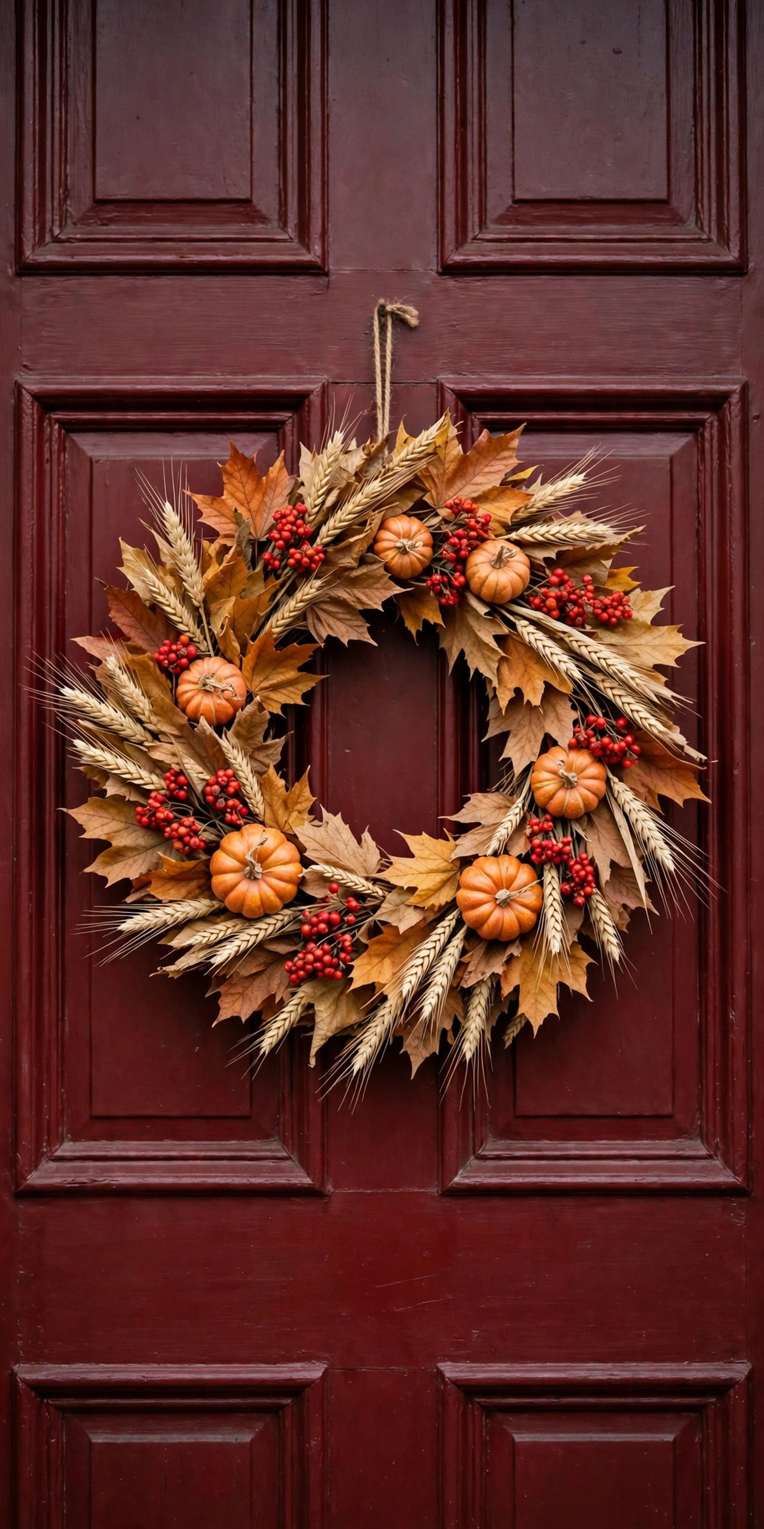 Harvest wreath with leaves, berries, and mini pumpkins on a door