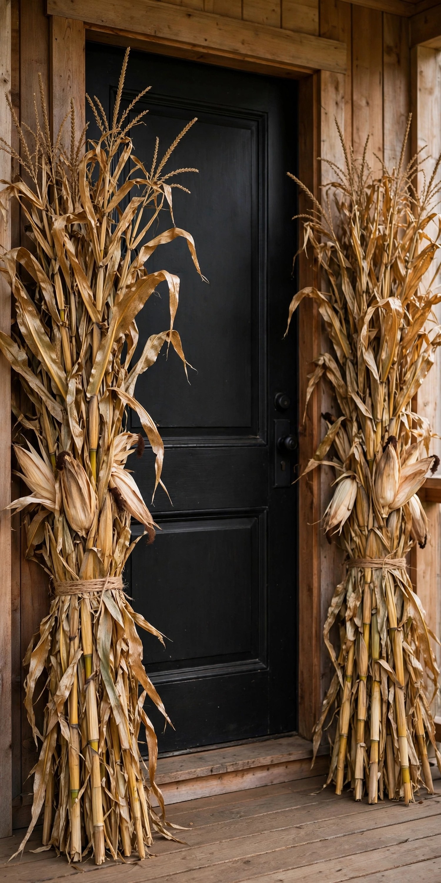 Dried corn stalk bundles tied with twine flanking a front door