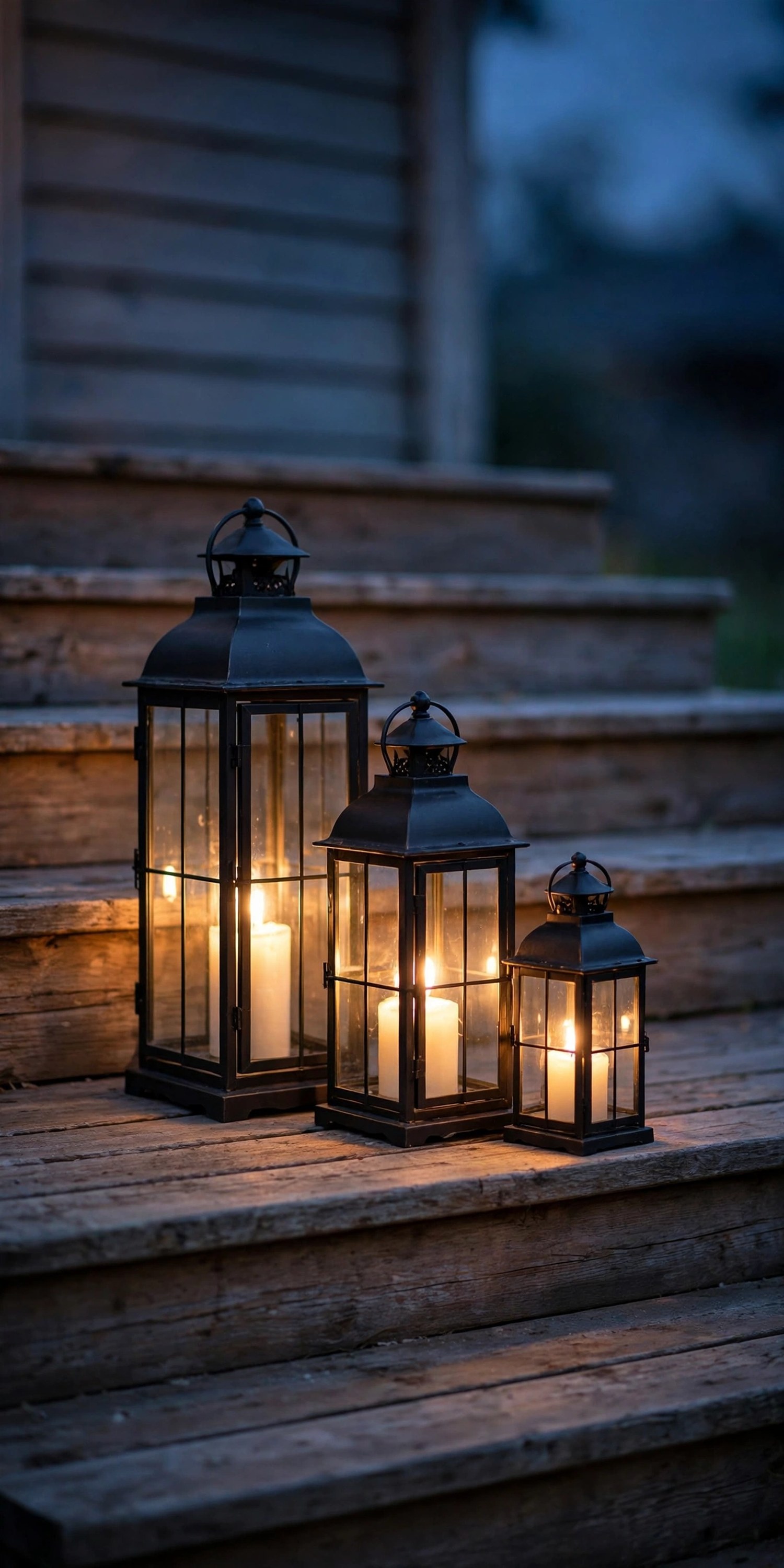 Lanterns in different sizes glowing on front steps at dusk