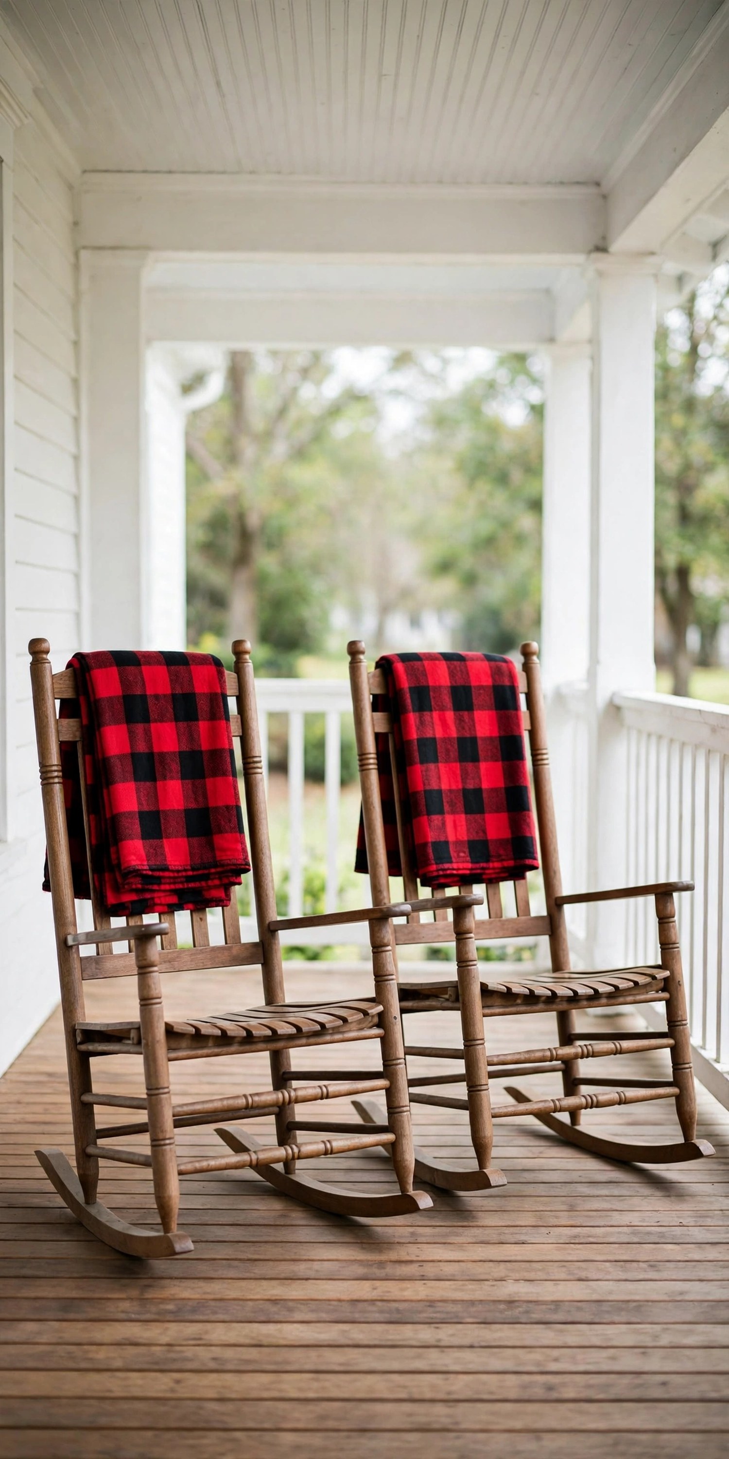 Rocking chairs with plaid throws on a Thanksgiving porch