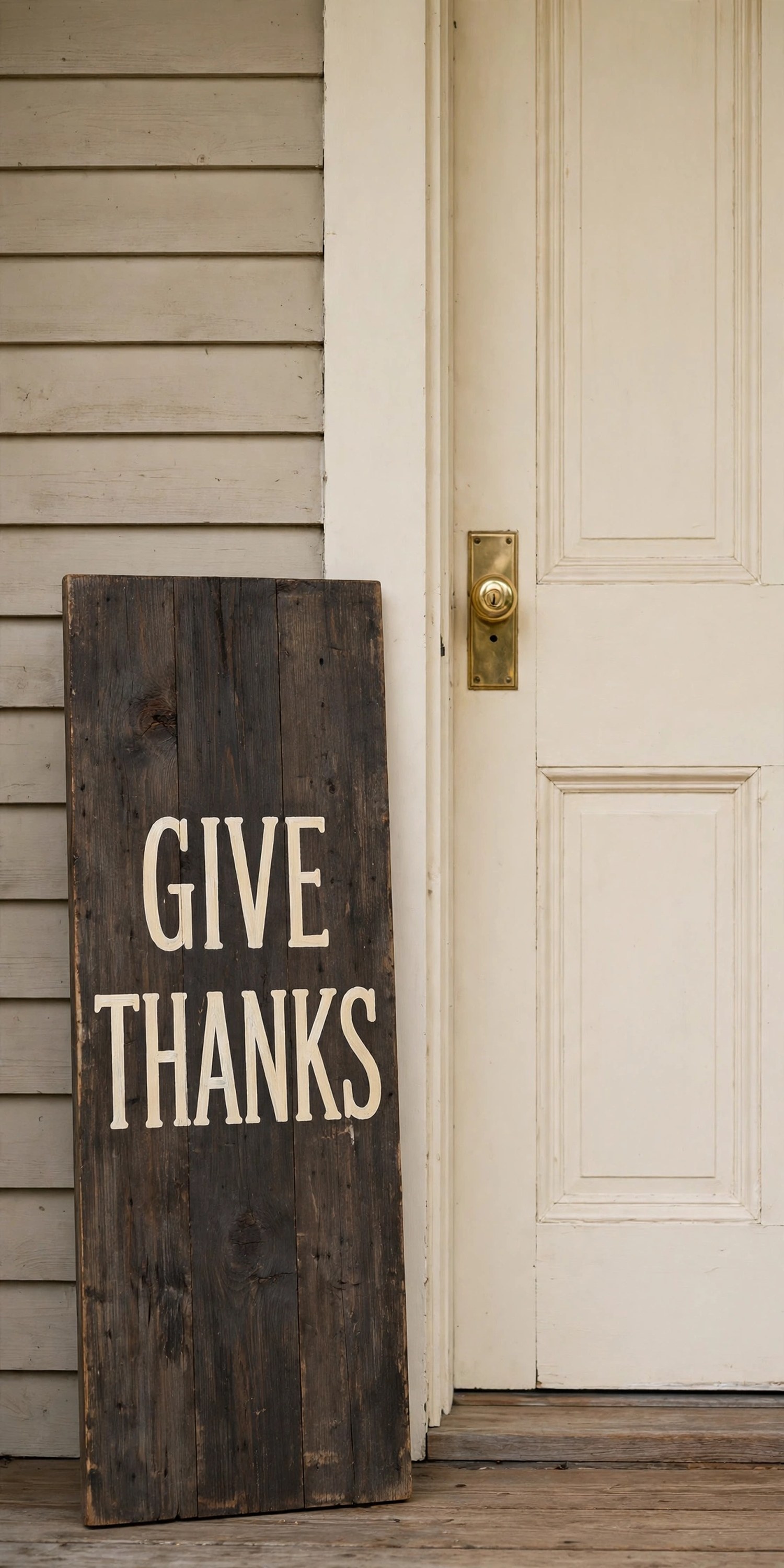 Wooden GIVE THANKS sign leaning beside a front door