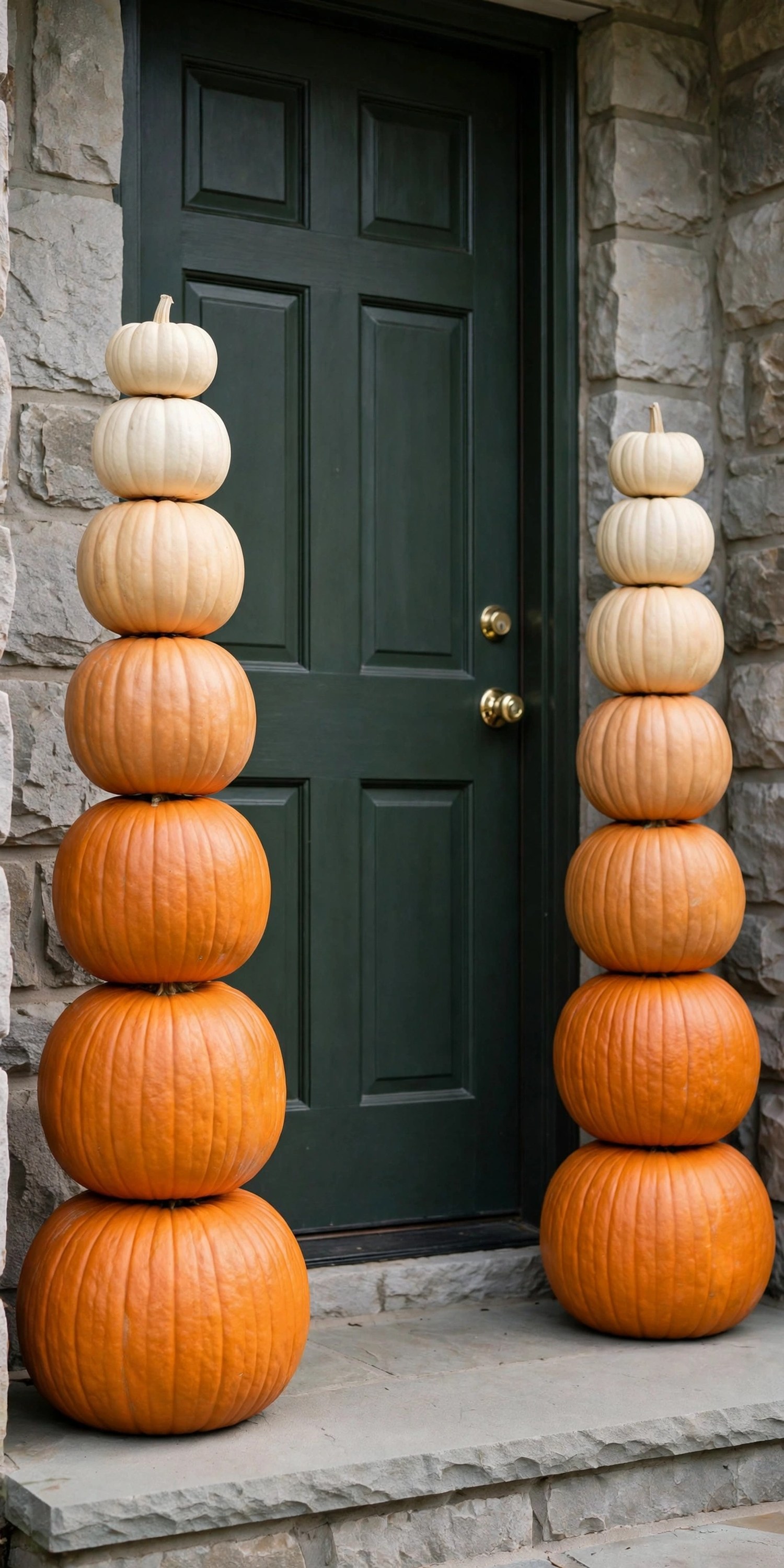 Pumpkins stacked in towers beside a front door