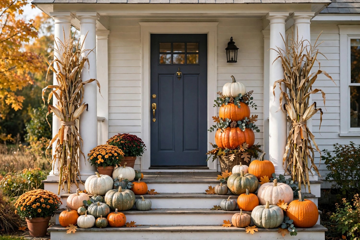 Front porch decorated with pumpkins for fall