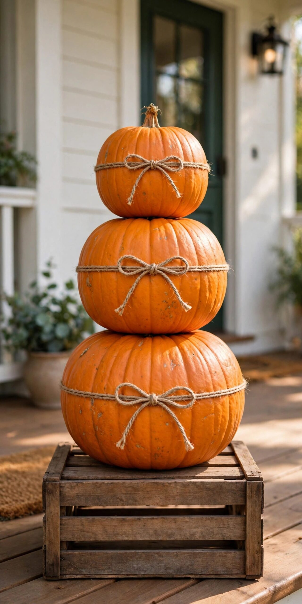 Stacked pumpkin topiary on wooden crate