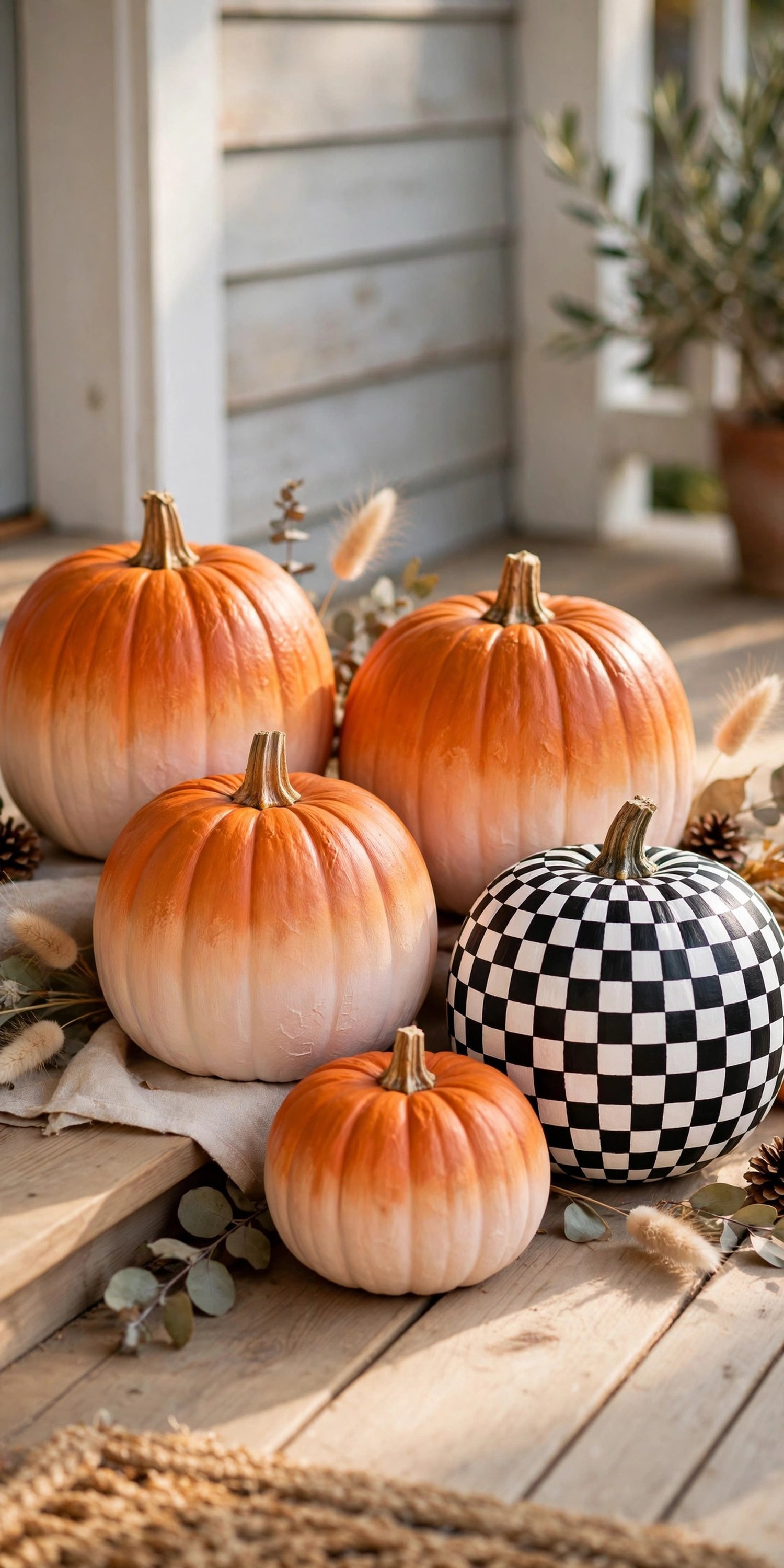 Hand-painted ombre and checkerboard pumpkins