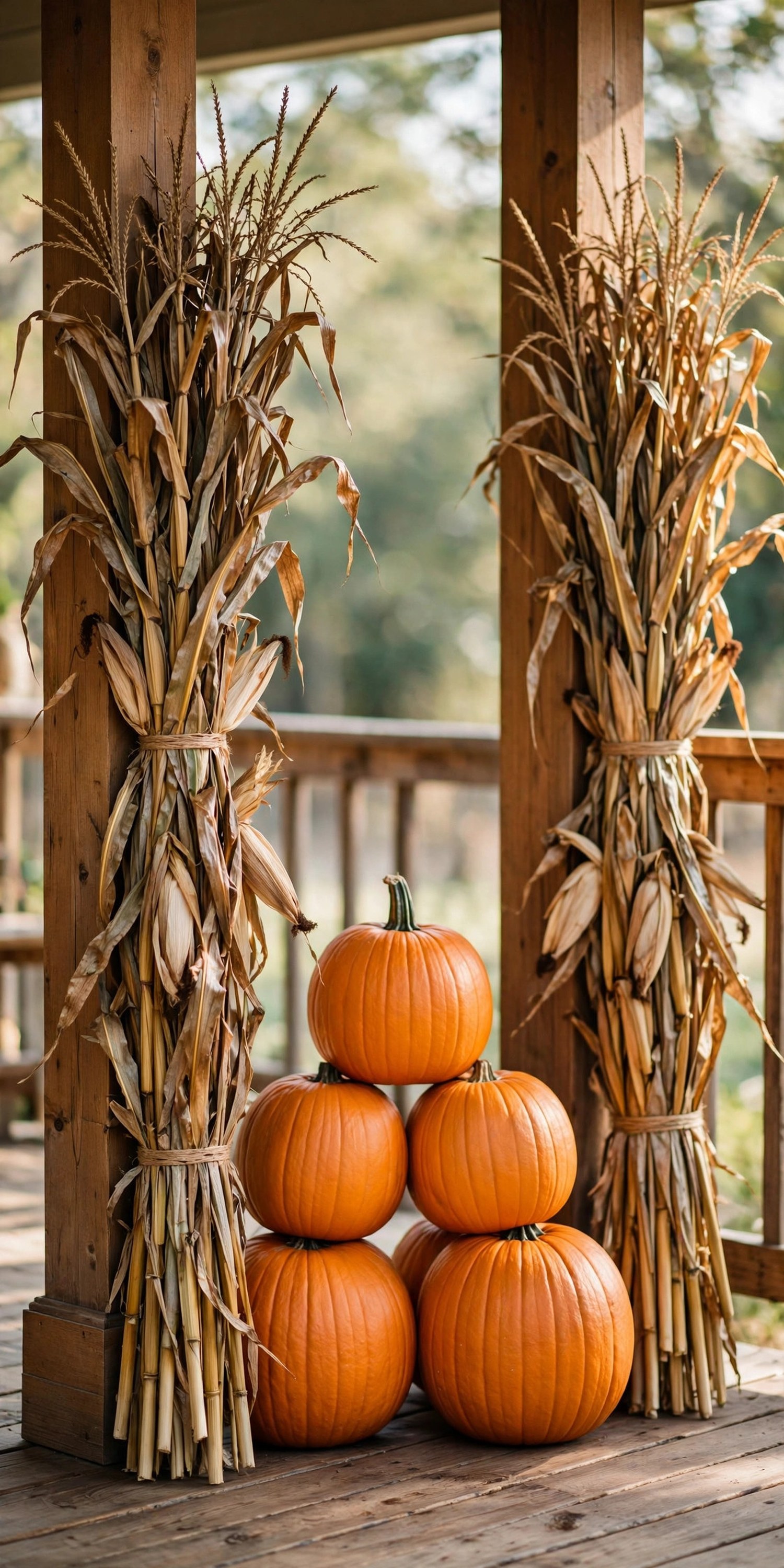 Corn stalks flanking pumpkin display