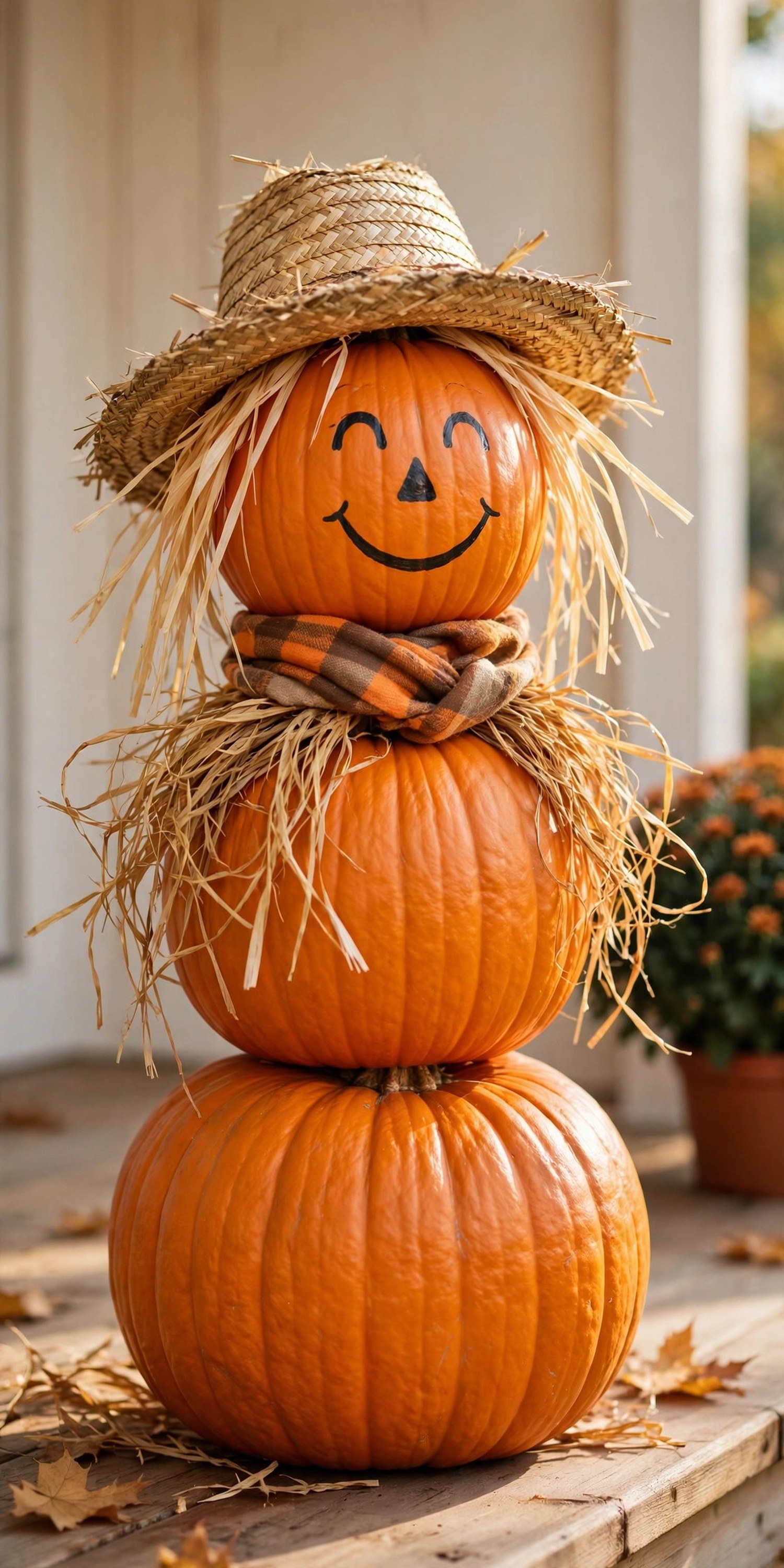 Pumpkin scarecrow stack with straw hat