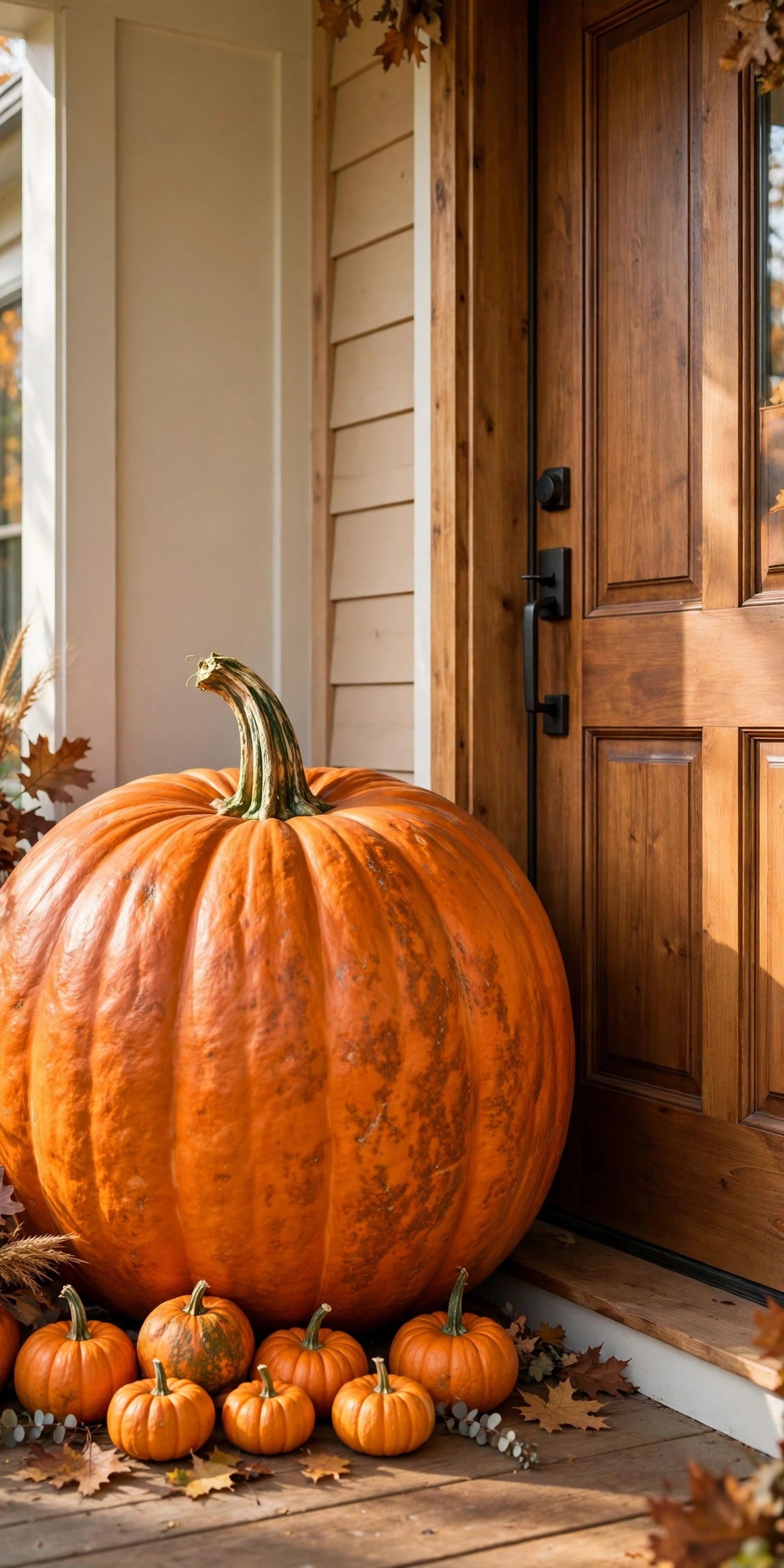 Oversized pumpkin by front door
