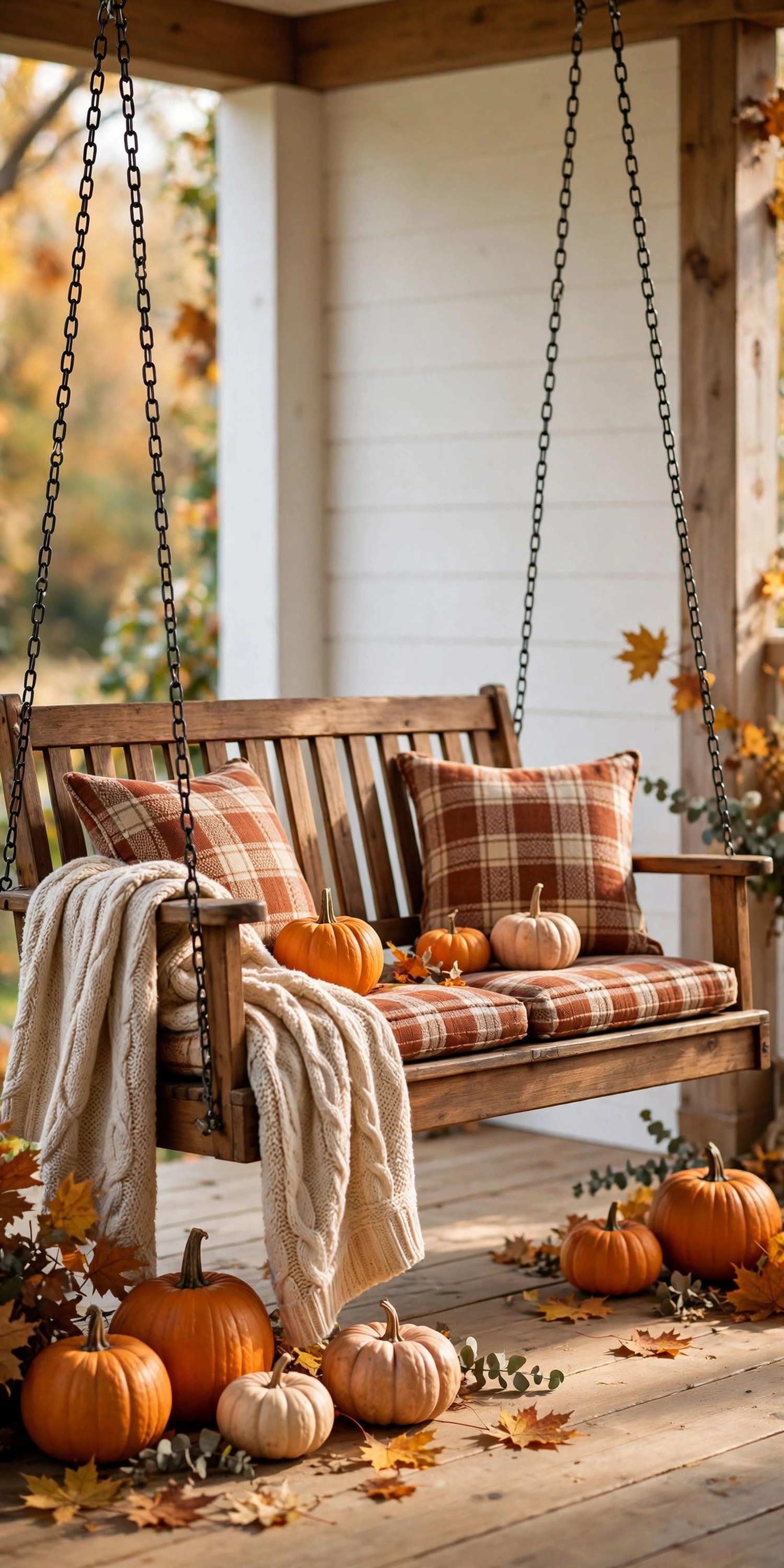Porch swing with plaid cushions and pumpkins
