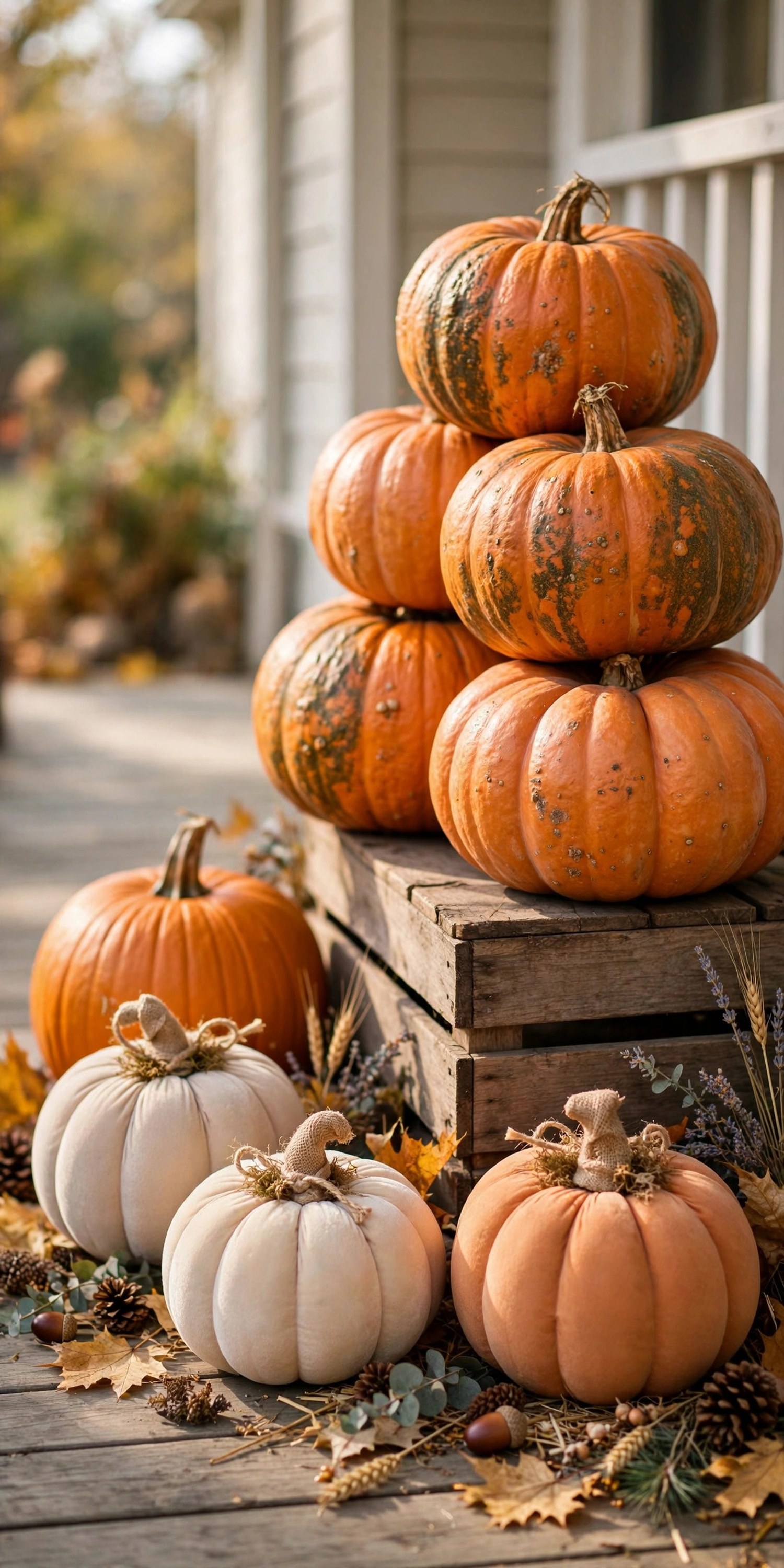 Real and faux pumpkins mixed on porch