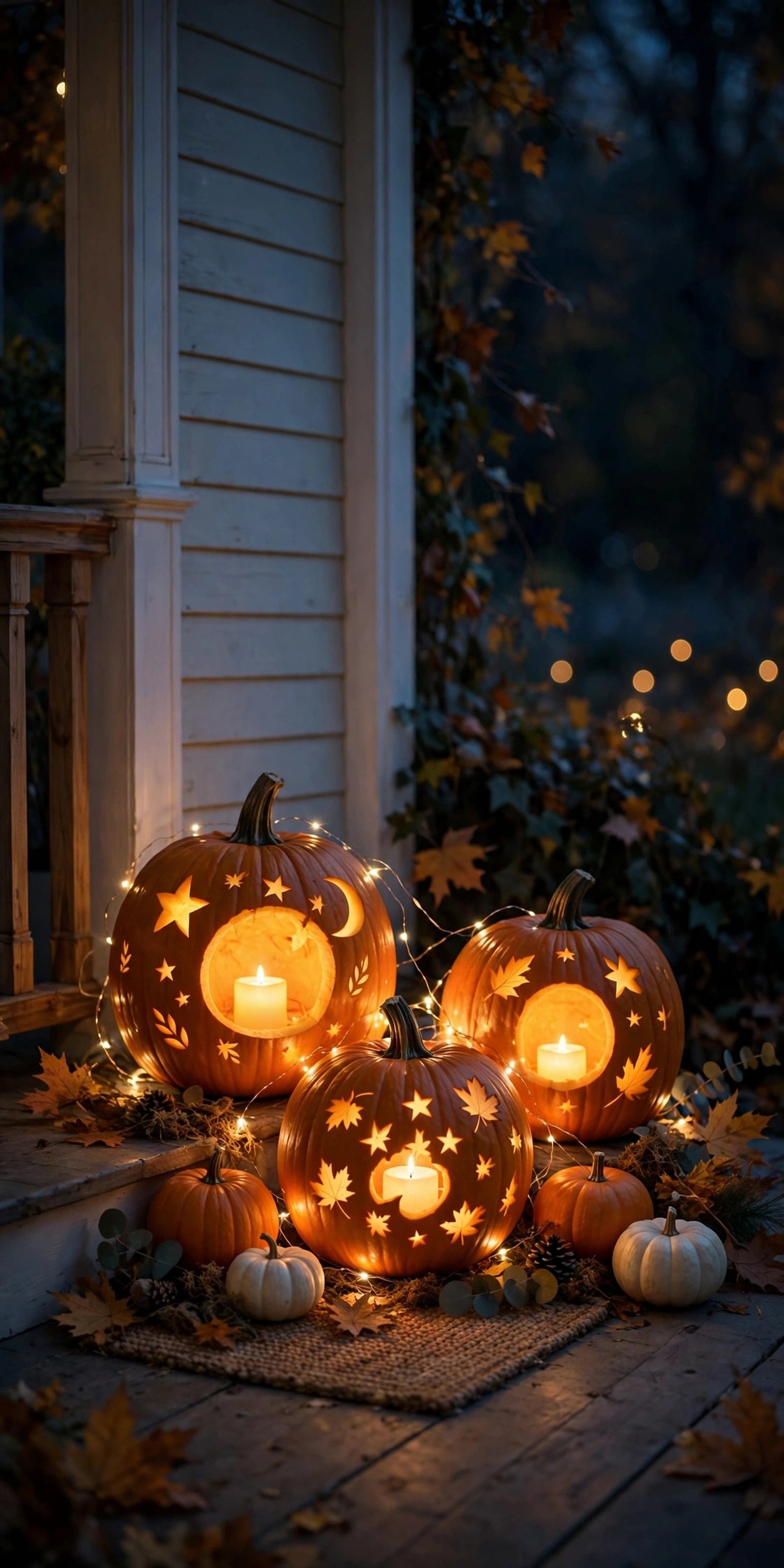 Pumpkins glowing with fairy lights at night