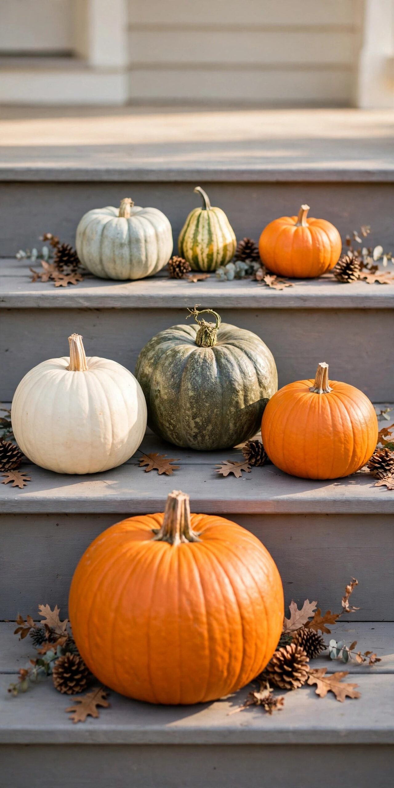 Pumpkins piled on porch steps