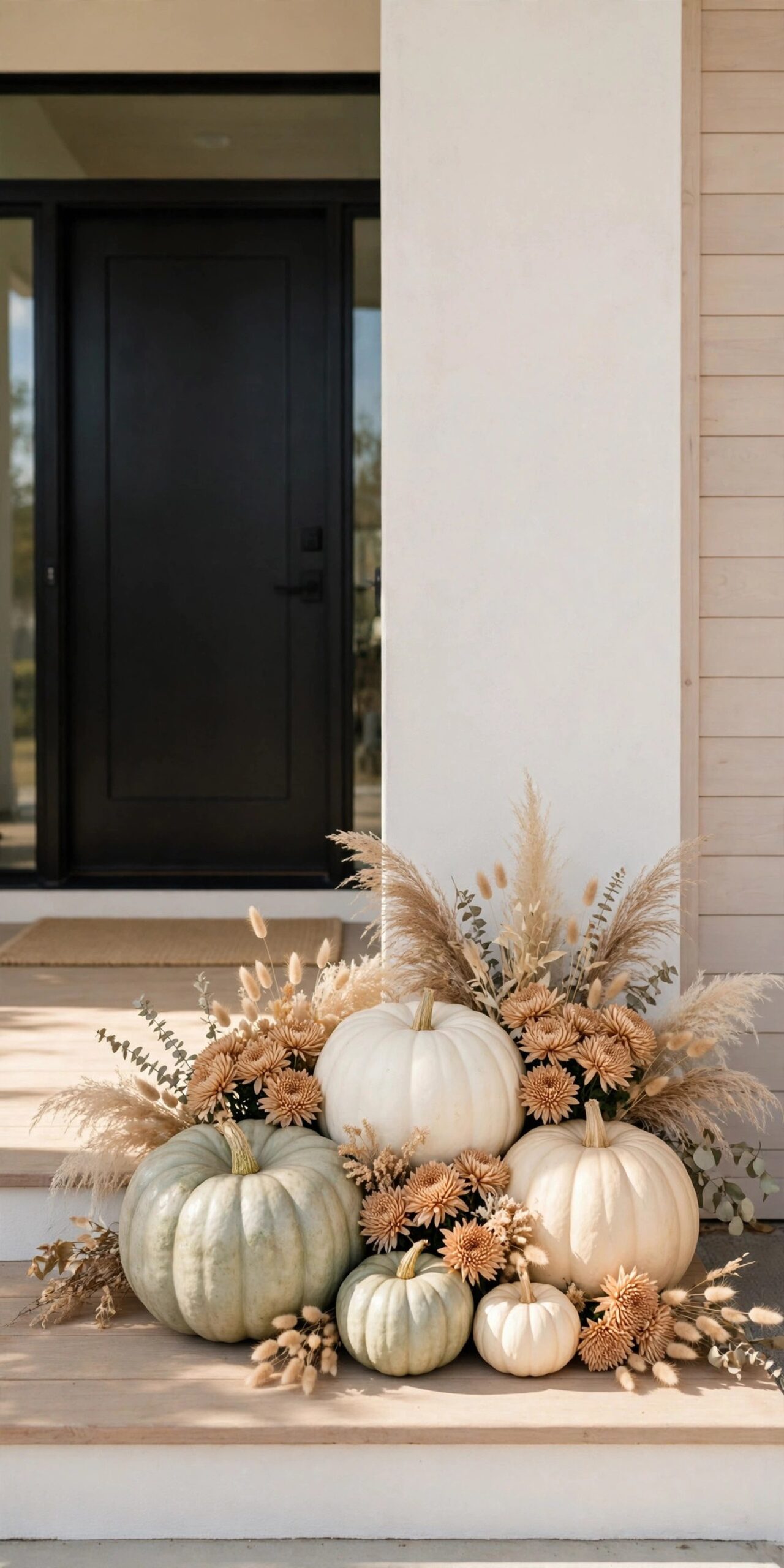 White and neutral pumpkins on porch