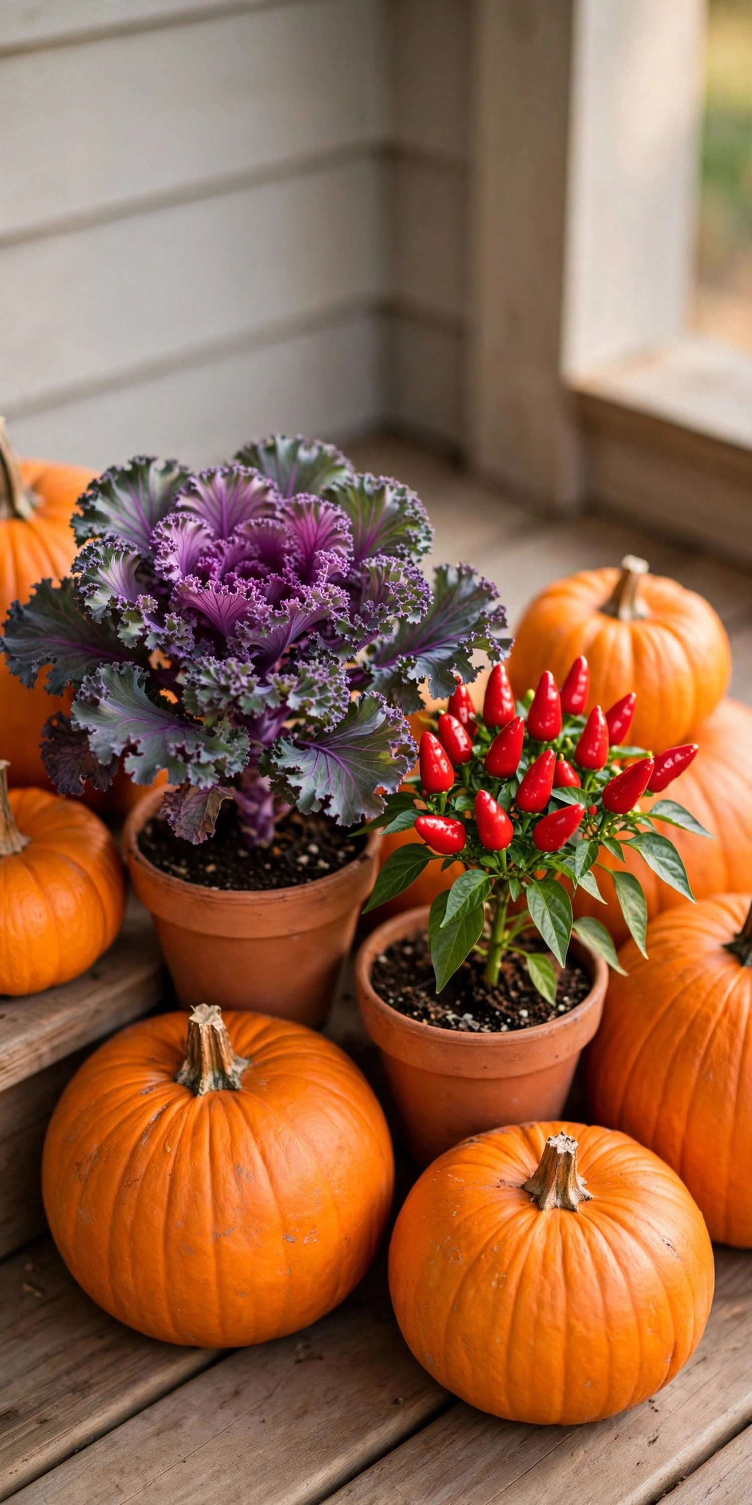 Ornamental kale and peppers among pumpkins