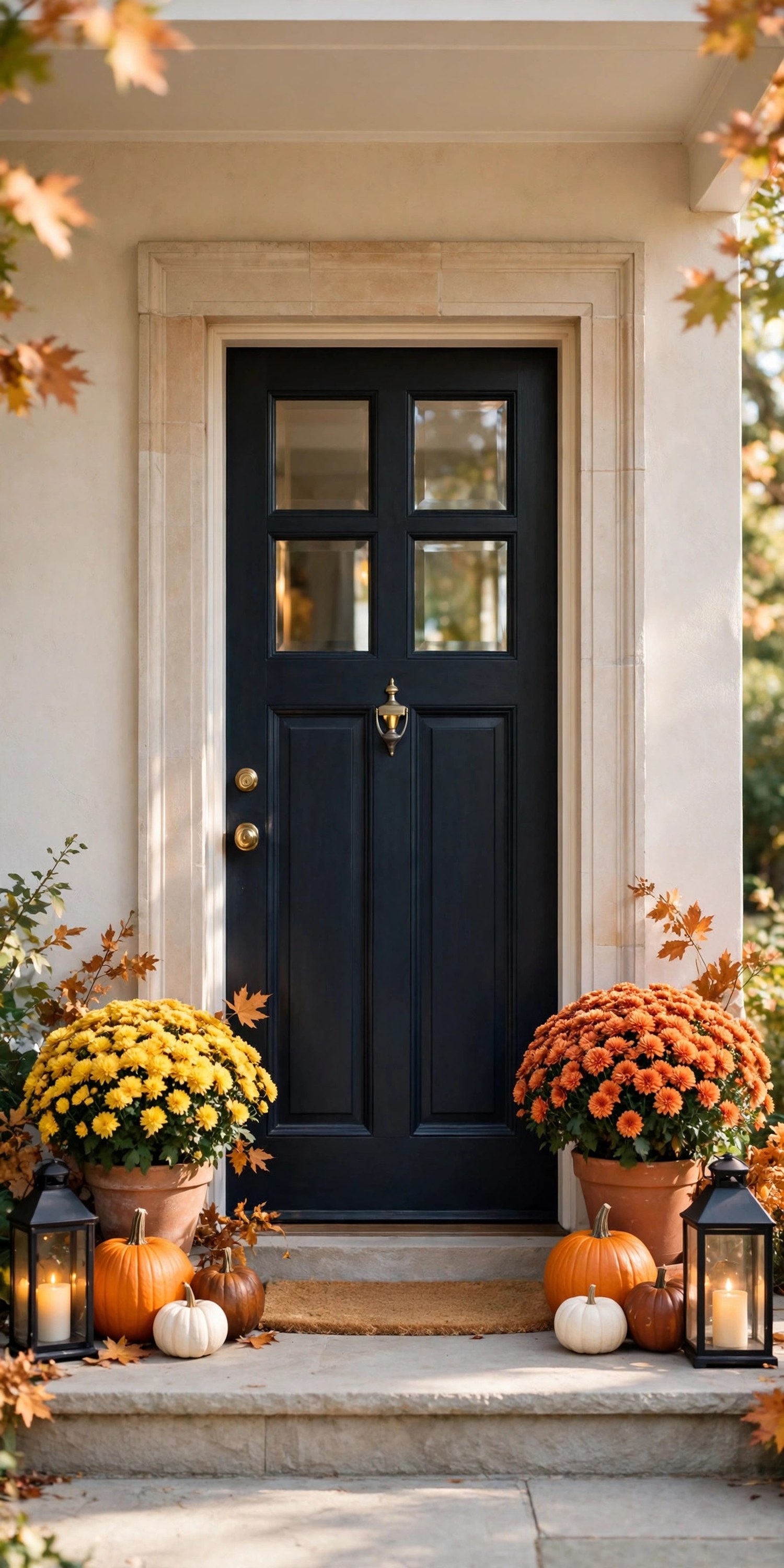Front door framed with pumpkins and lanterns