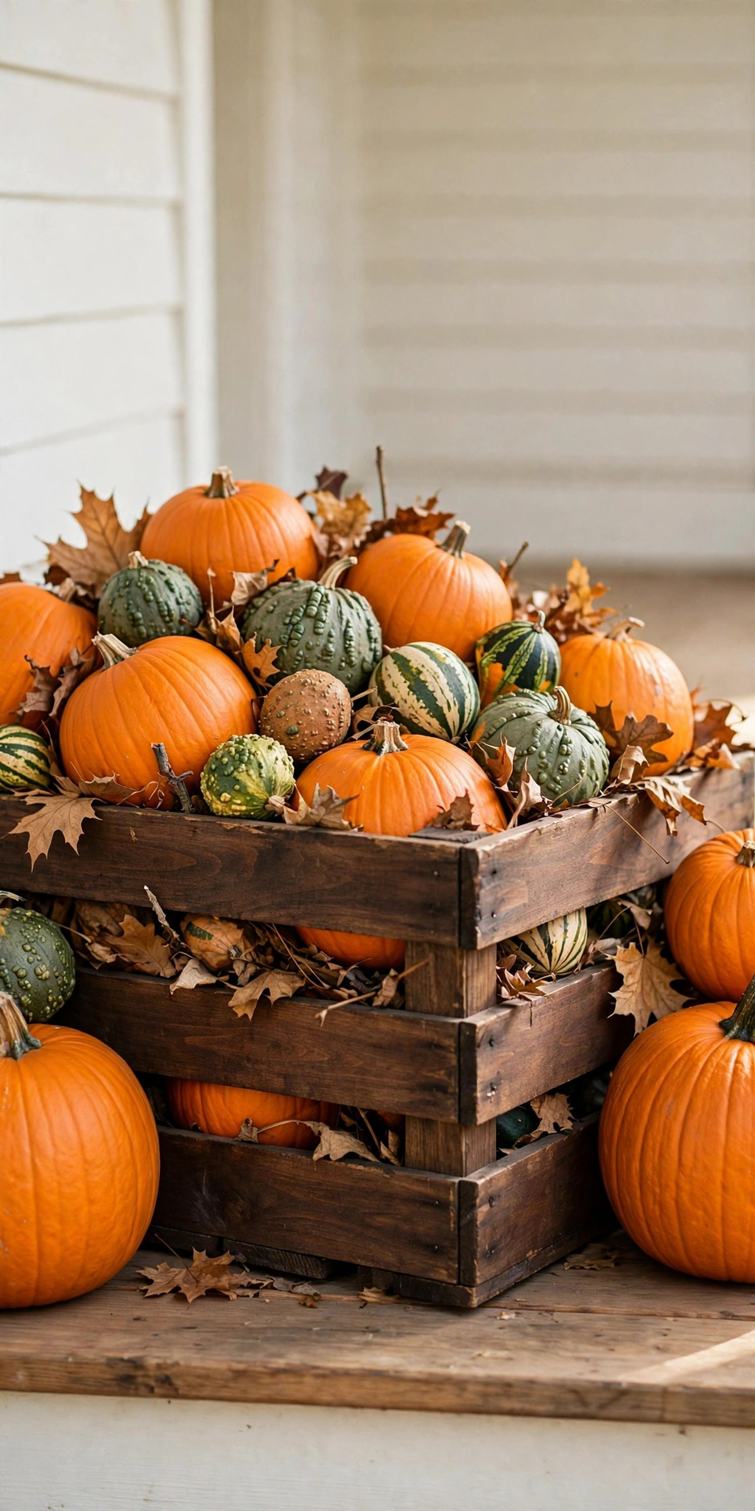 Wooden crate filled with pumpkins