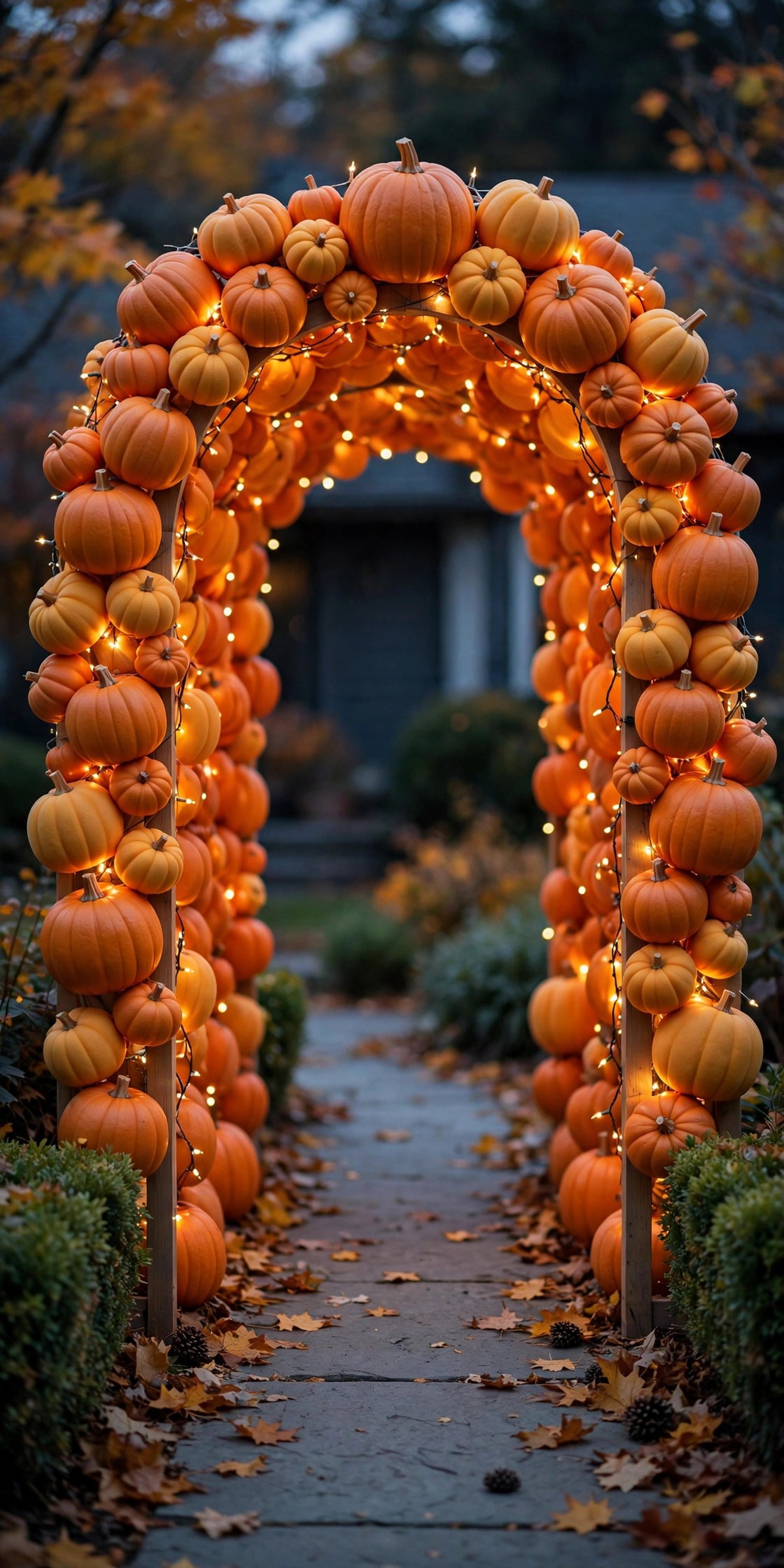 Pumpkin arch over walkway at dusk