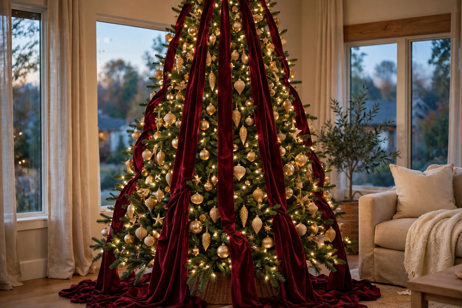 Christmas tree with burgundy velvet ribbon cascading in vertical waterfalls, gold and cream ornaments and warm white lights in a cozy living room