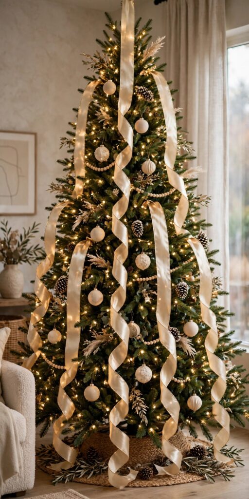 Christmas tree with wide champagne gold ribbon poured down in separate twisting vertical waterfall cascades