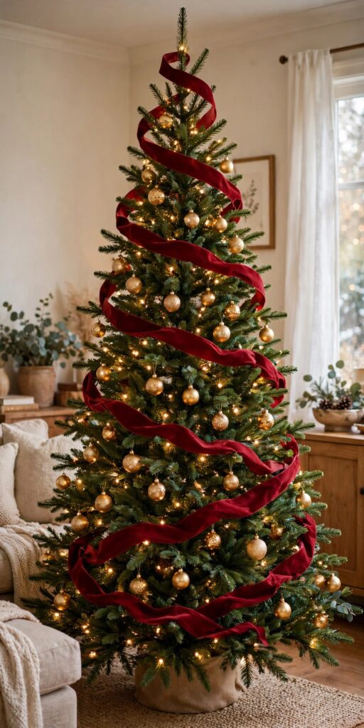 Christmas tree wrapped in a loose spiral of wide deep red velvet ribbon with gold ornaments in a living room