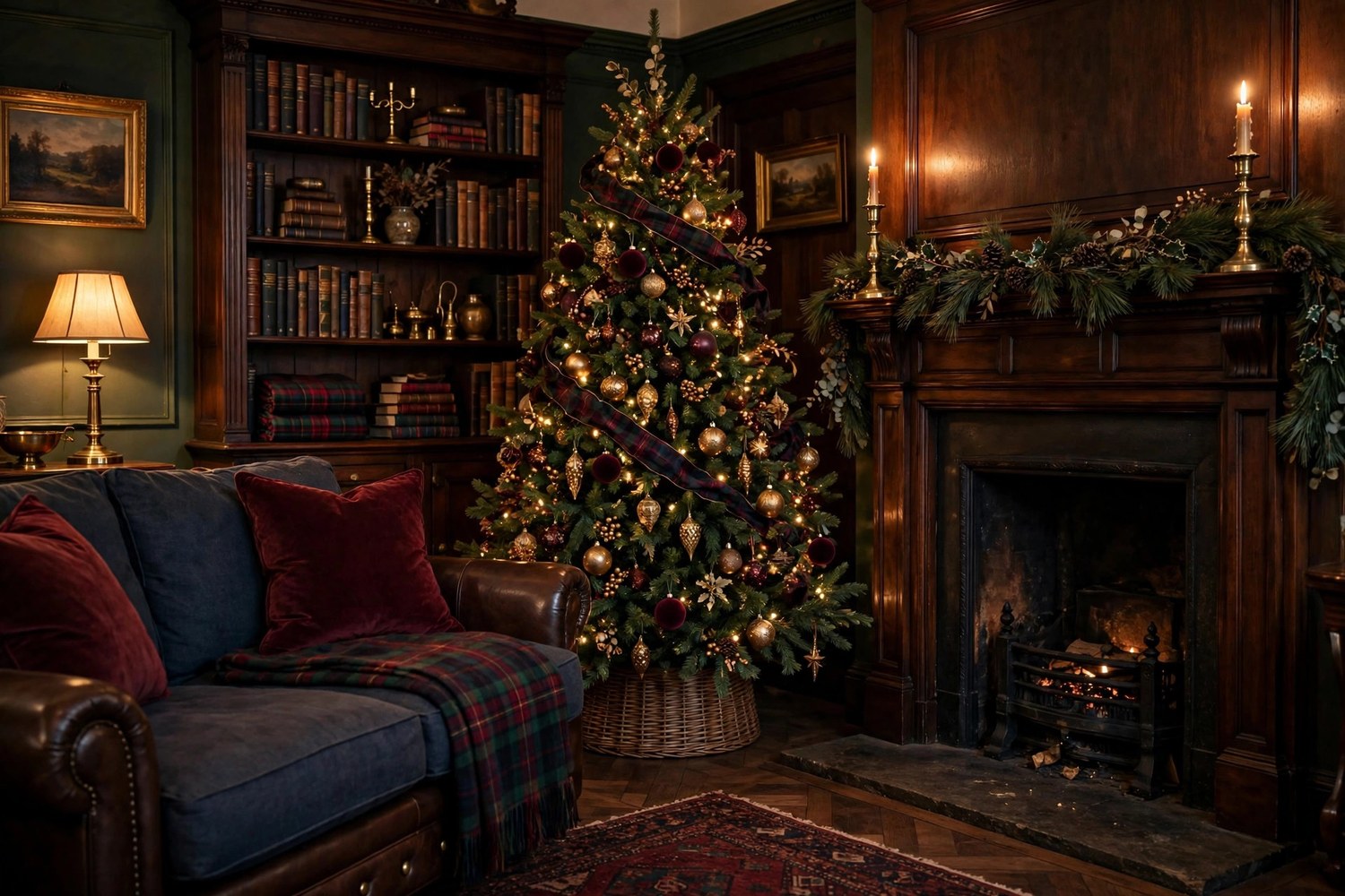 Moody living room with a dark wood panel wall, red and green tartan cushions, brass lamps, a leather chair and a Christmas tree with red ribbon