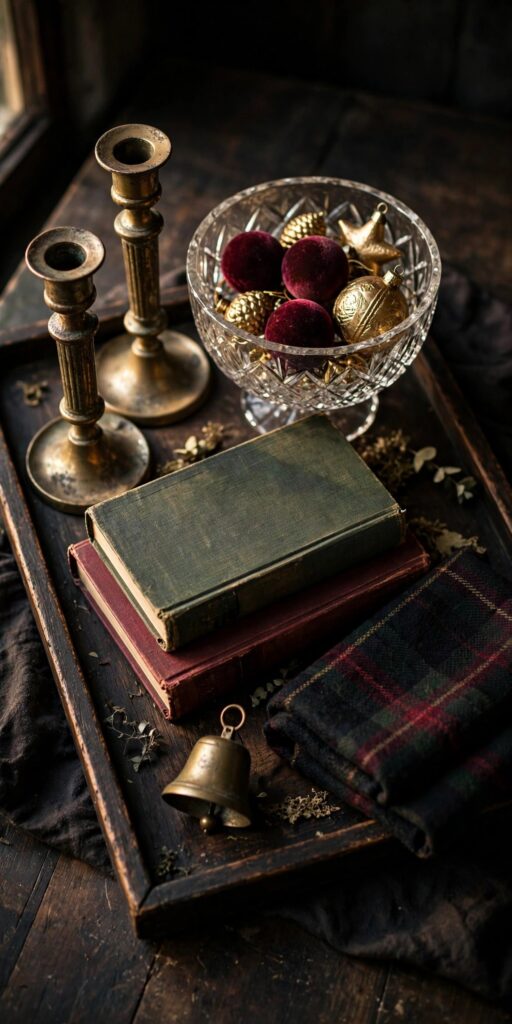 Reading corner with a tan leather club chair, tartan wool throw and brass floor lamp under a small wreath