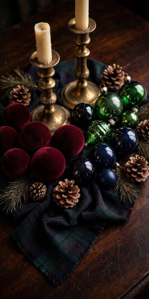 Christmas tree with burgundy and navy plaid ribbon in cascading loops and brass ornament clusters