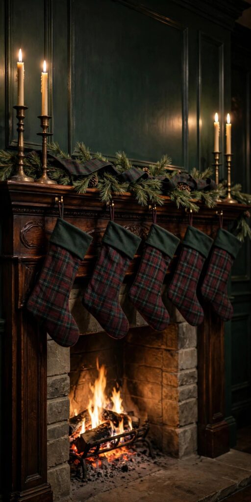 Christmas tree with deep red matte ornaments, brass and plaid fabric baubles, and a black watch plaid ribbon cascade