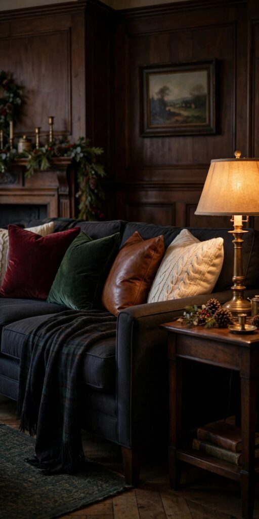 Burgundy velvet stockings with black watch plaid cuffs hanging on brass reindeer stocking hooks over a stone fireplace