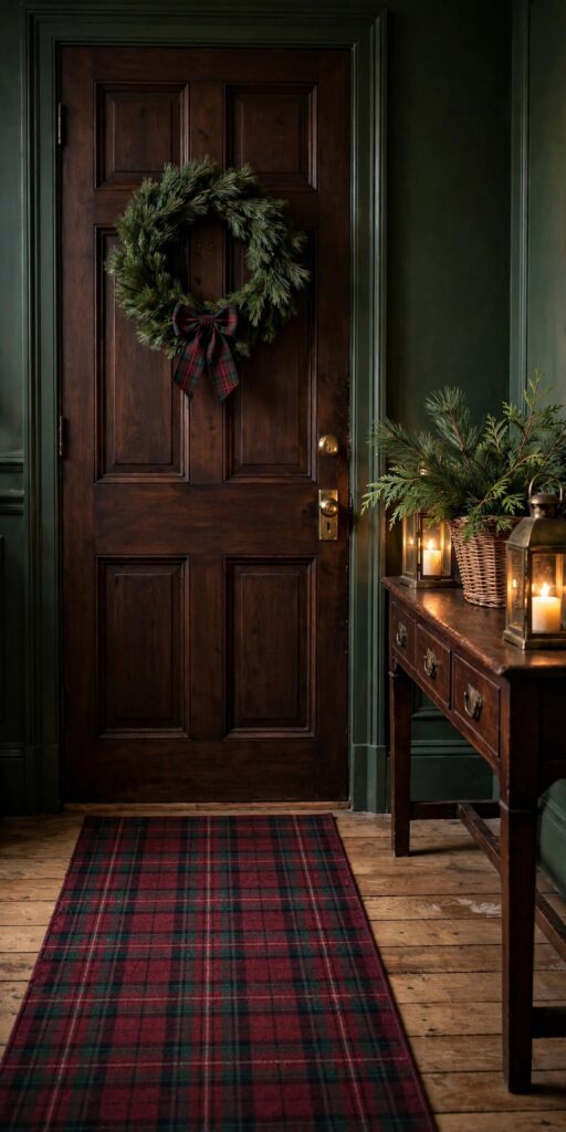 Mantel with tartan bows, antique brass candlesticks, plaid candles and a greenery garland