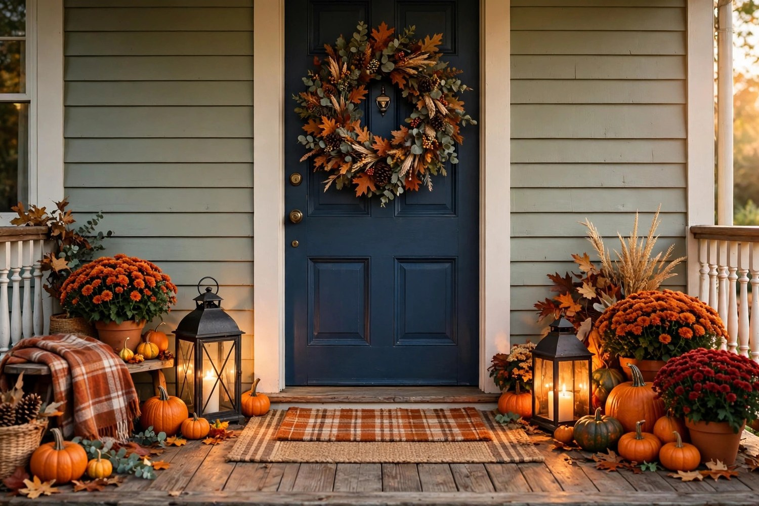 Small front porch decorated for fall with pumpkins, mums and lanterns