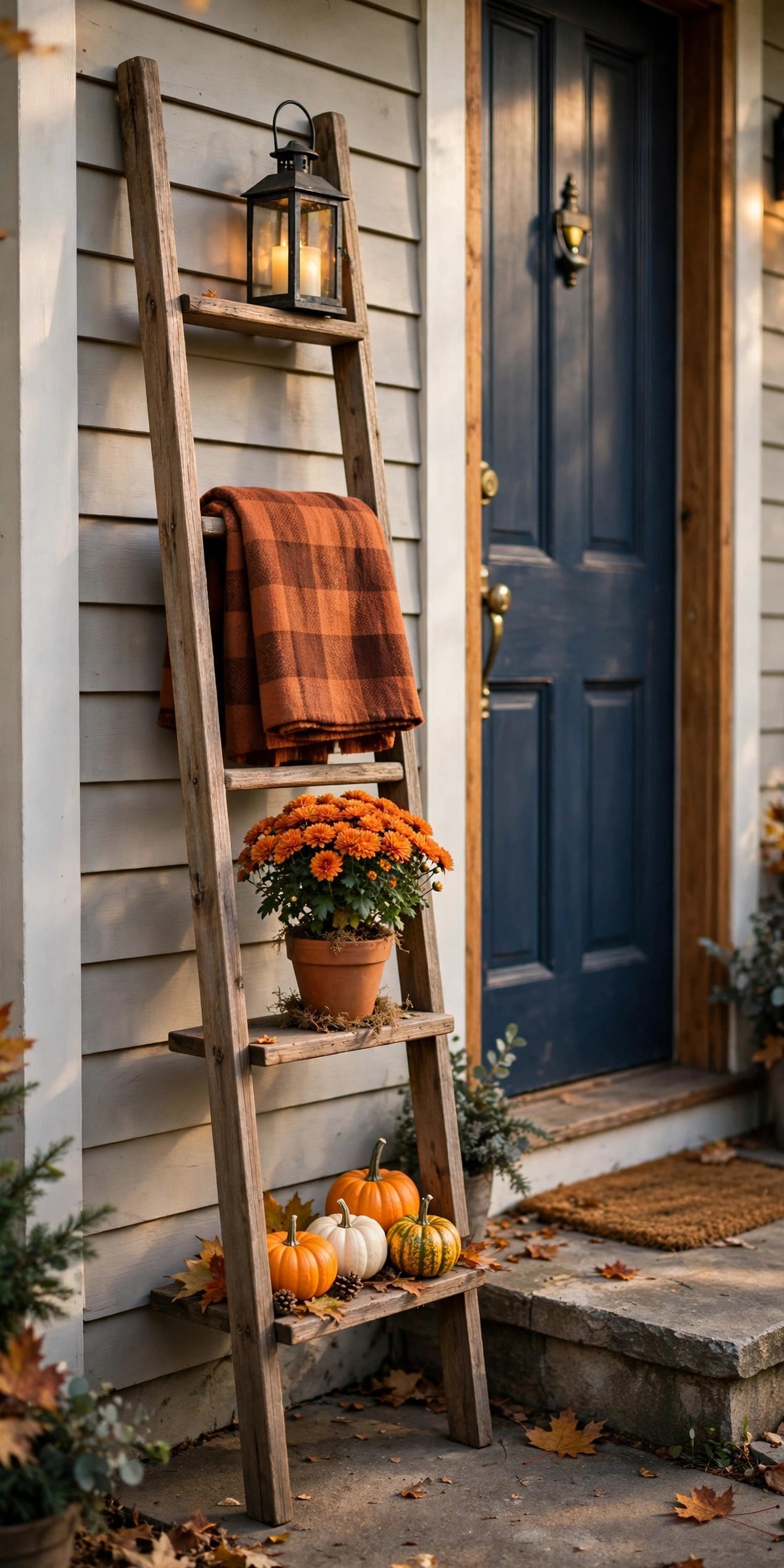 Narrow wooden ladder shelf styled with mini pumpkins and a lantern beside a front door