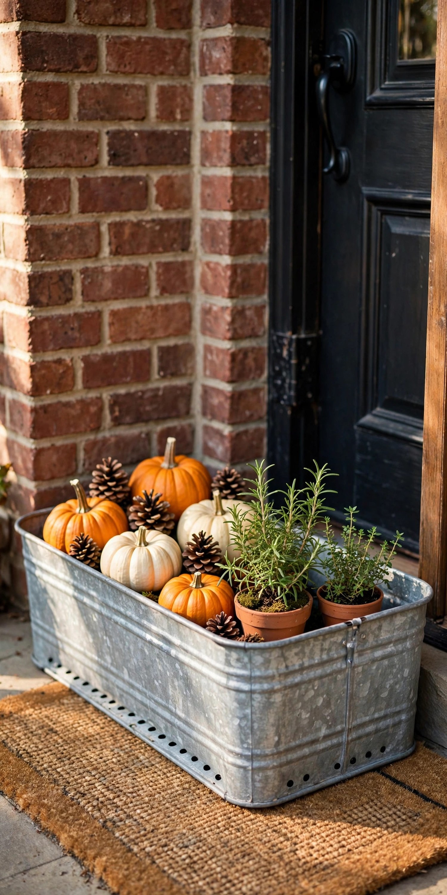 Pumpkins, planter and lantern grouped on one side of a front door