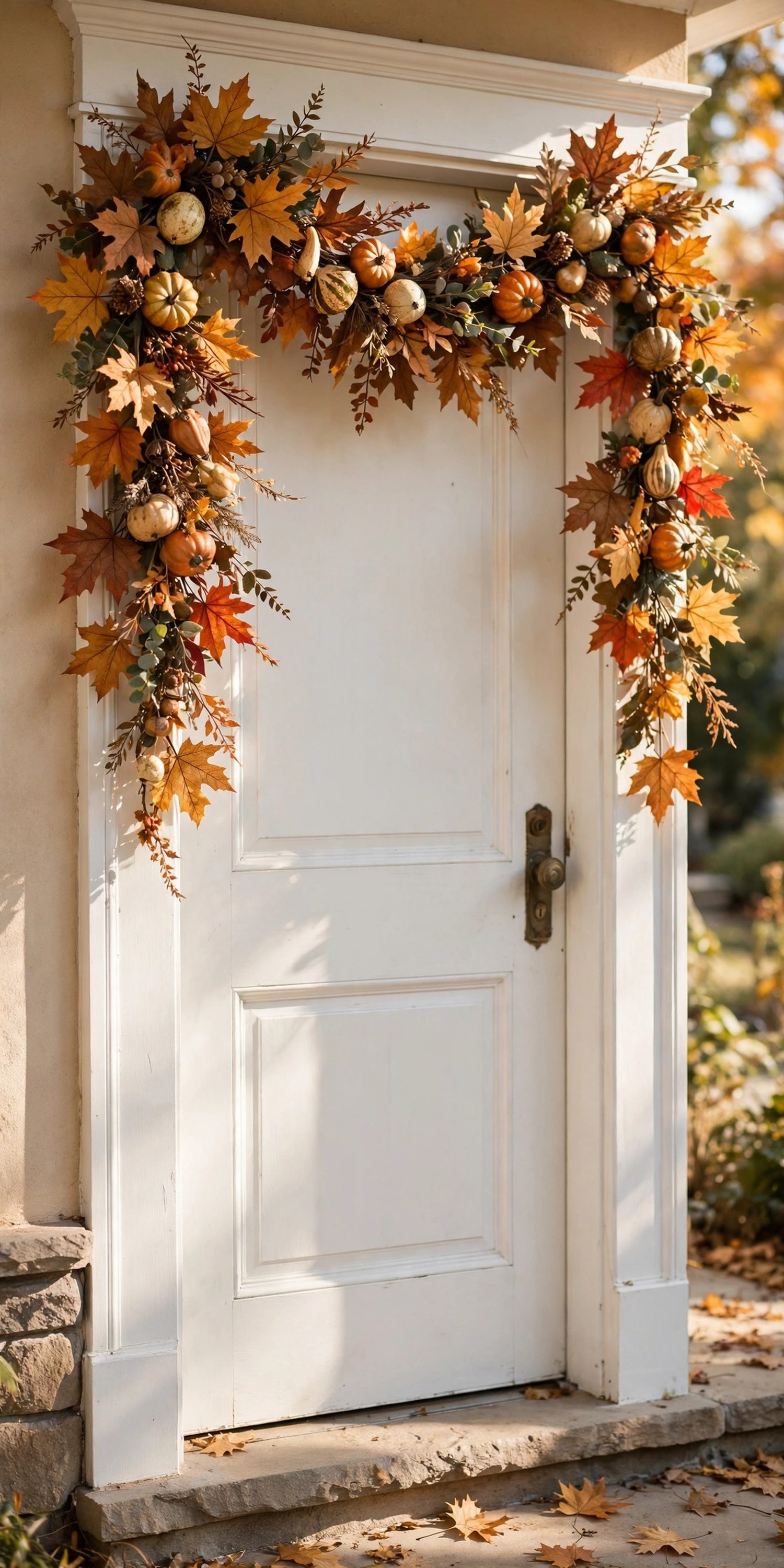 Tall vase of dried pampas grass and ornamental kale beside a door