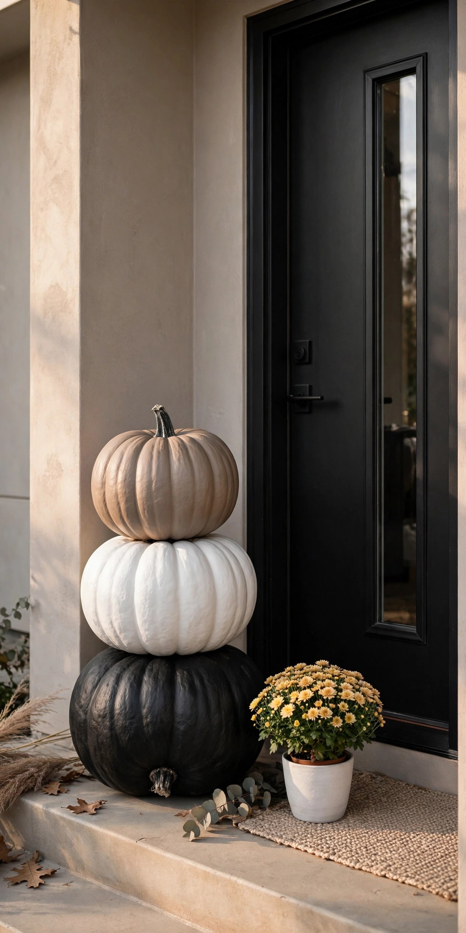 Stack of pumpkins painted matte black, white and taupe beside a door