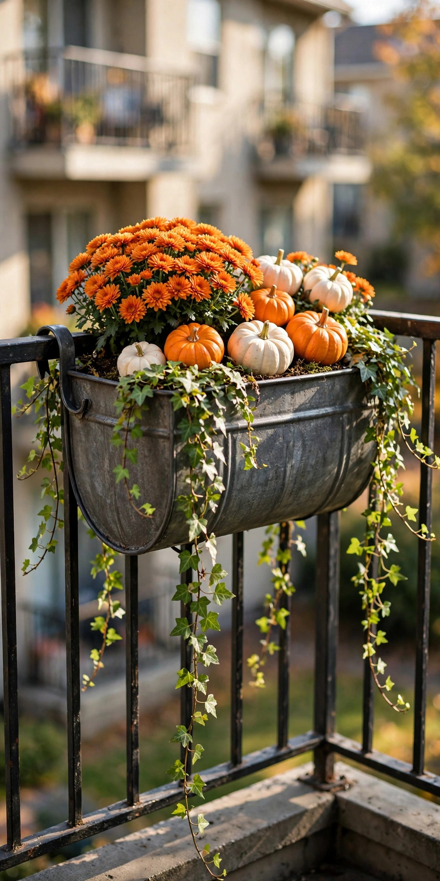 Railing planter box with mums and miniature pumpkins on a small balcony