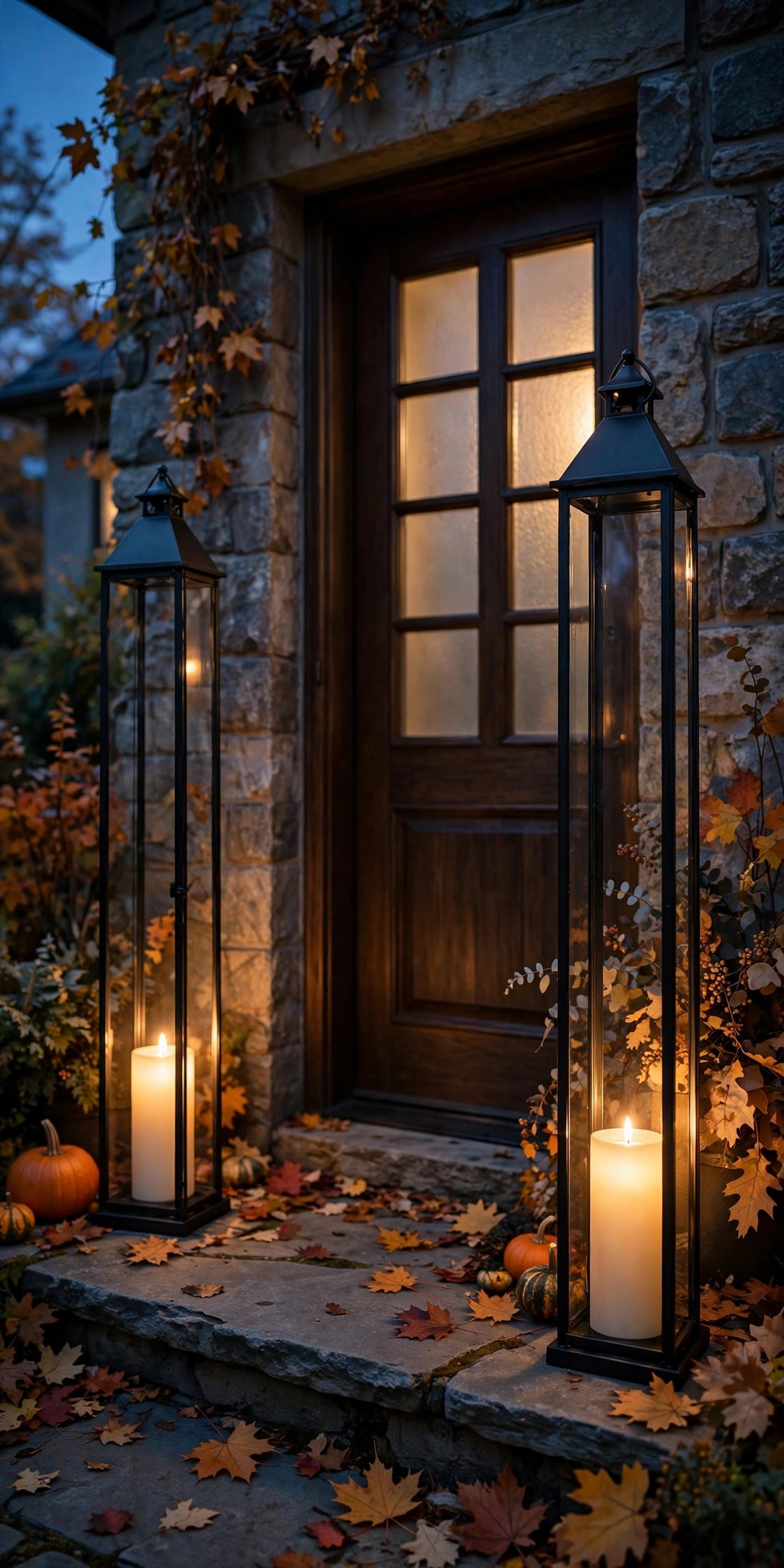 Two slim black lanterns with LED candles flanking a doorway