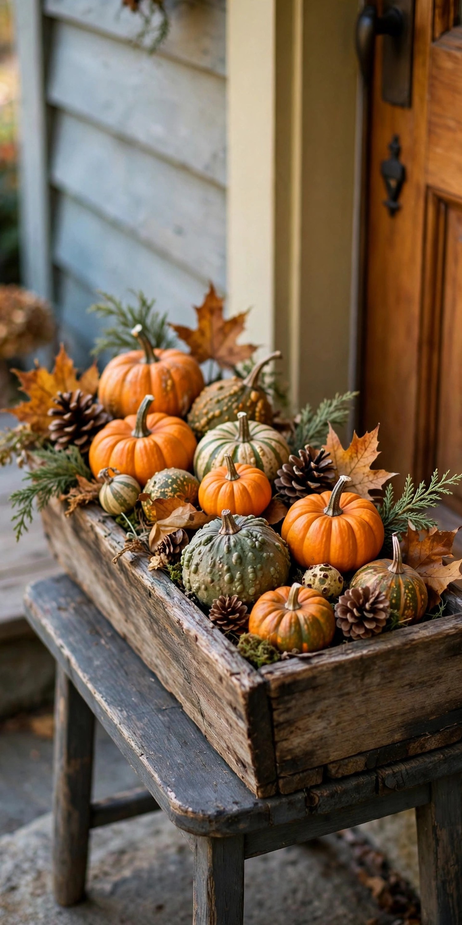 Solar-powered amber lantern hanging beside a front door at dusk