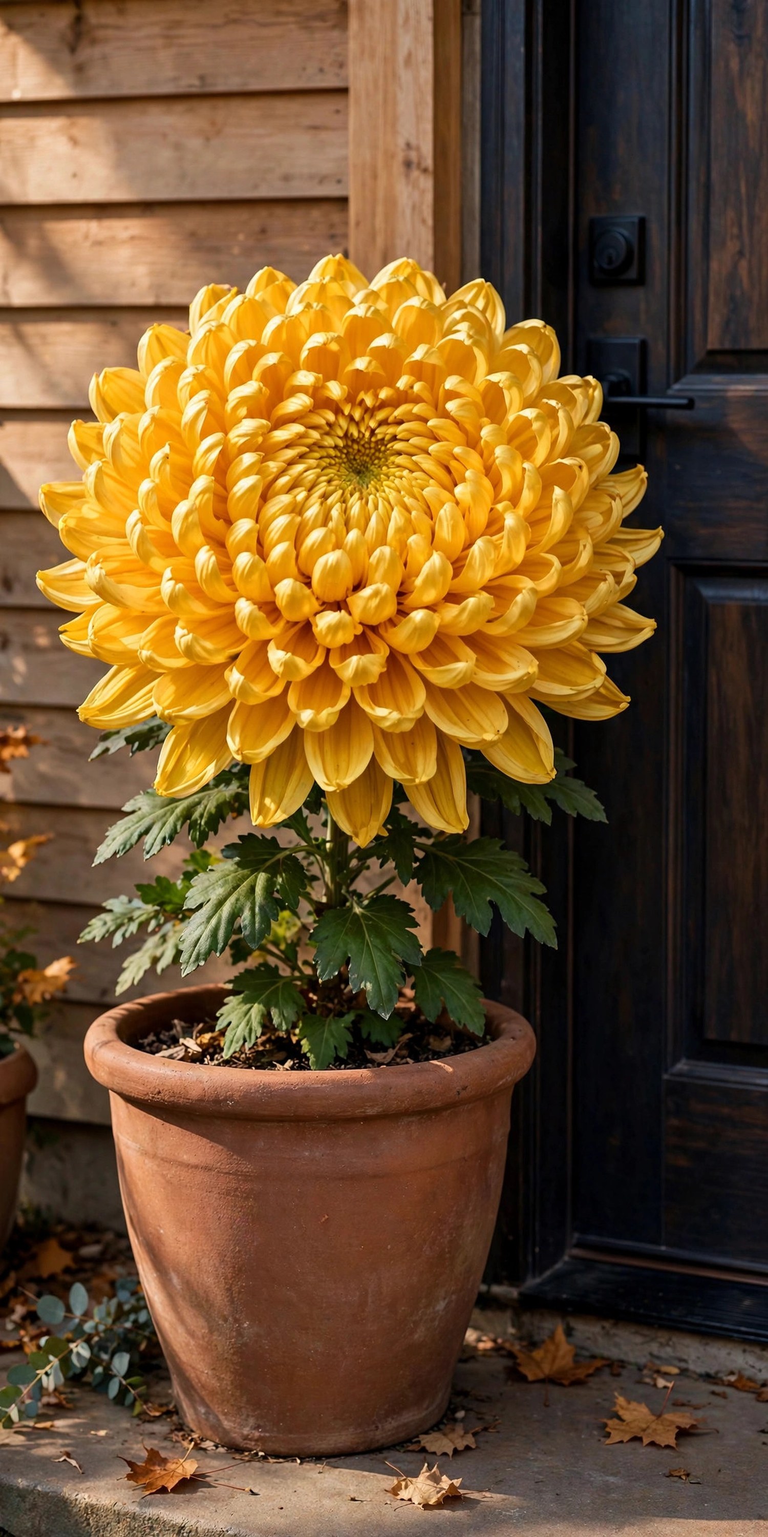Stacked wooden crates topped with pumpkins and mums beside an entry