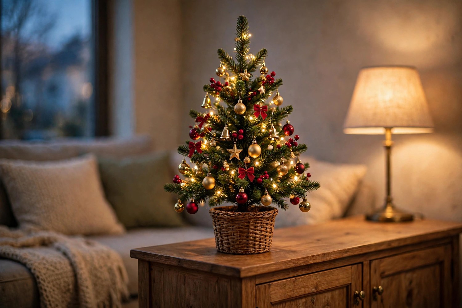 Small tabletop Christmas tree with miniature gold and red ornaments and warm fairy lights in a woven basket on a wooden sideboard