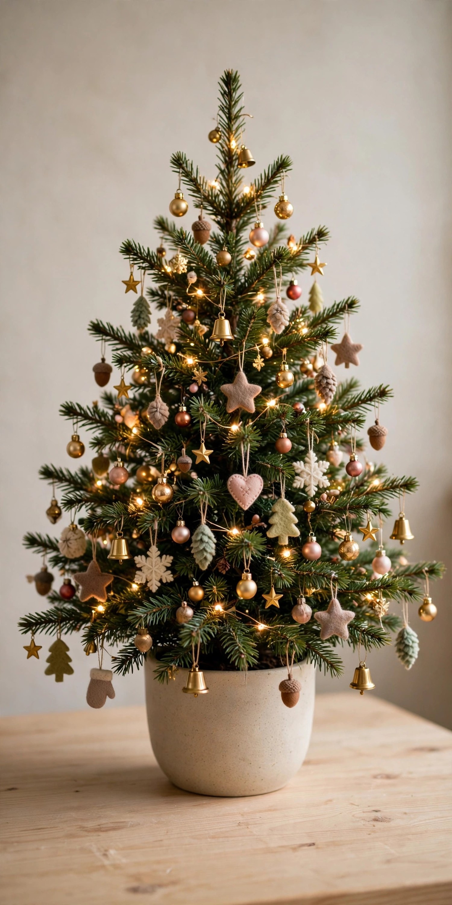Small tabletop Christmas tree decorated with miniature baubles, tiny bells, and felt star and heart ornaments in a ceramic pot