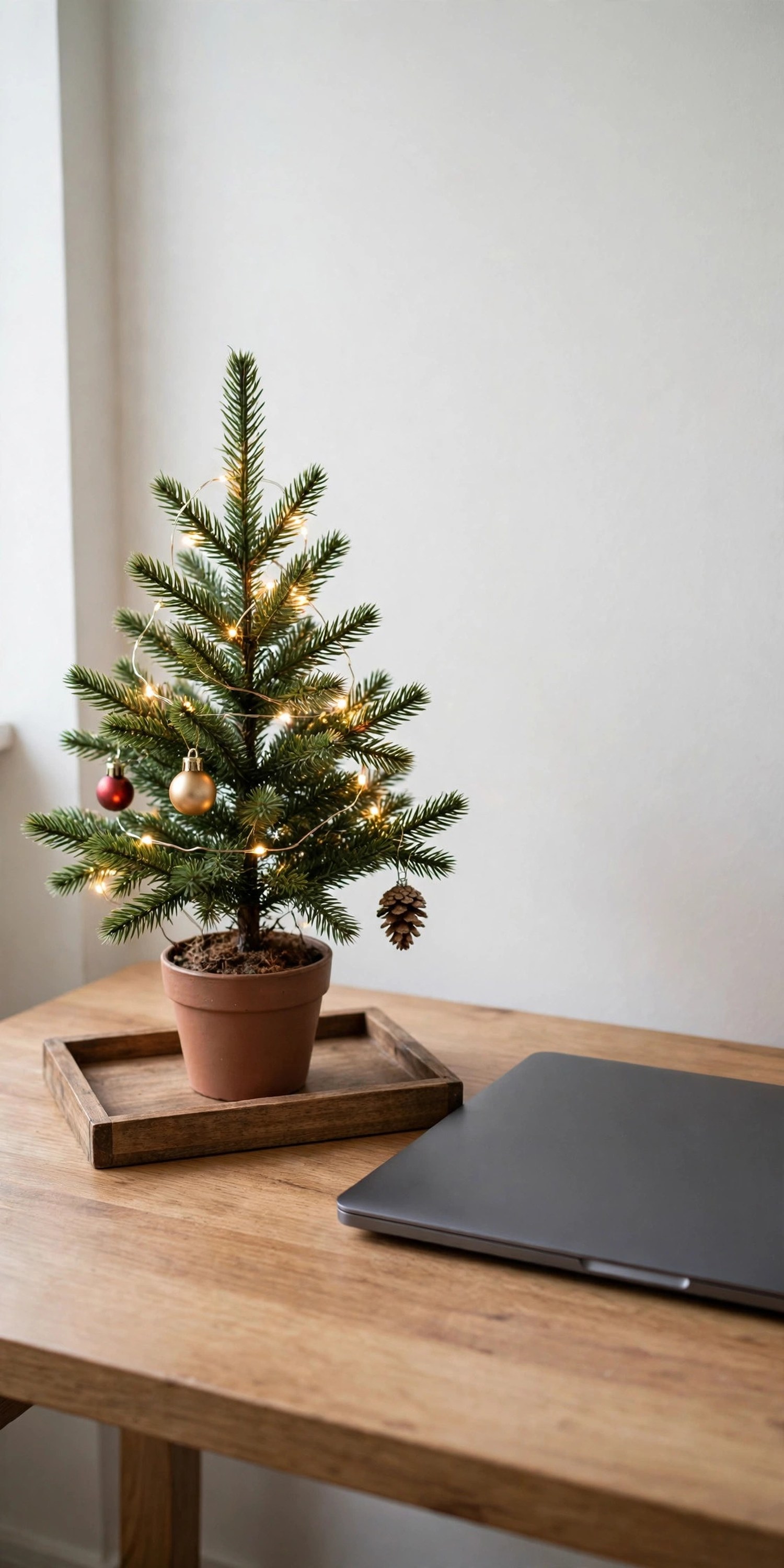 Tiny Christmas tree in a terracotta pot on a wooden tray on a home office desk beside a closed laptop