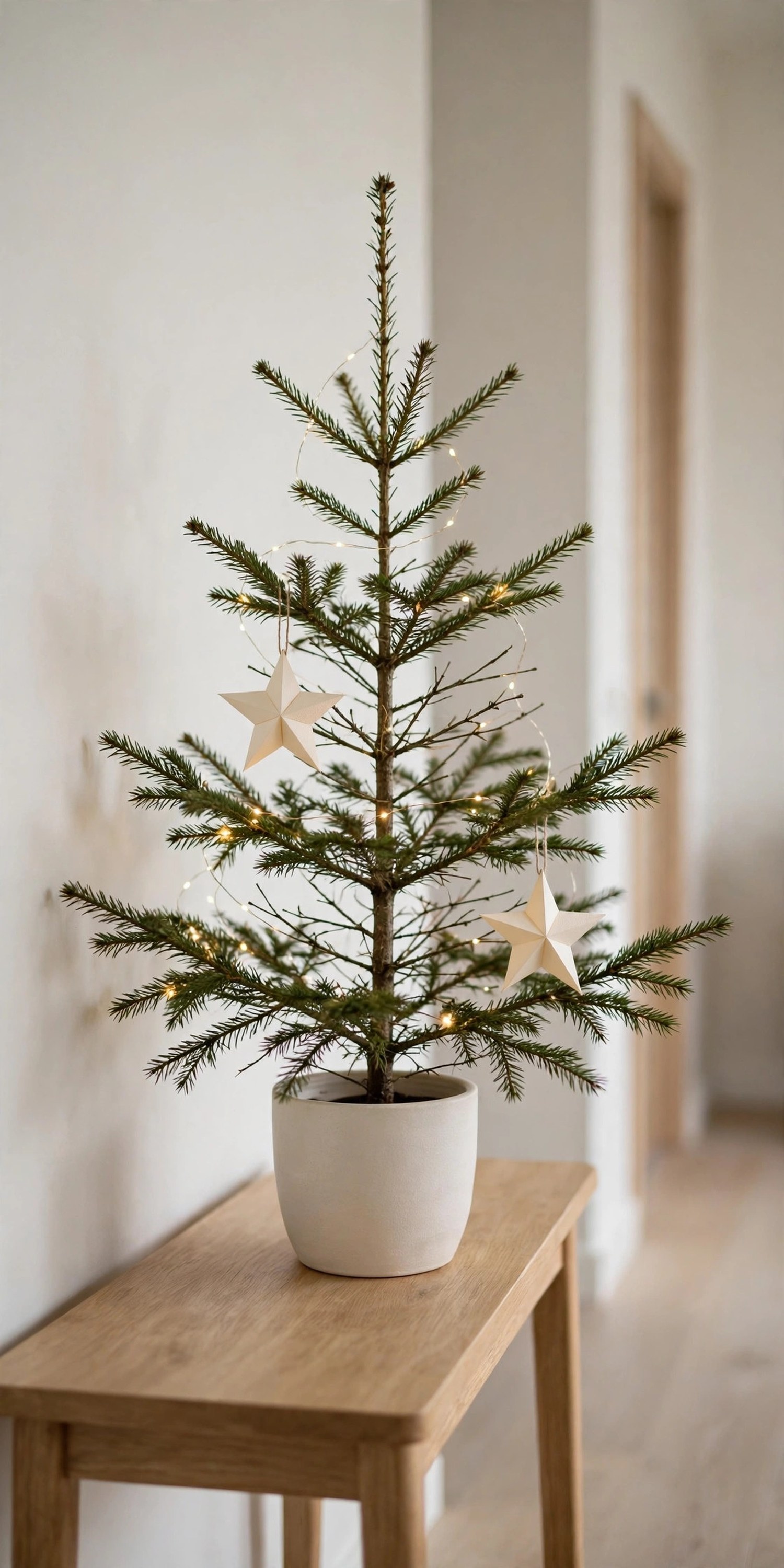 Sparse small Christmas tree with fairy lights and two cream paper star ornaments in a white pot on a hallway console