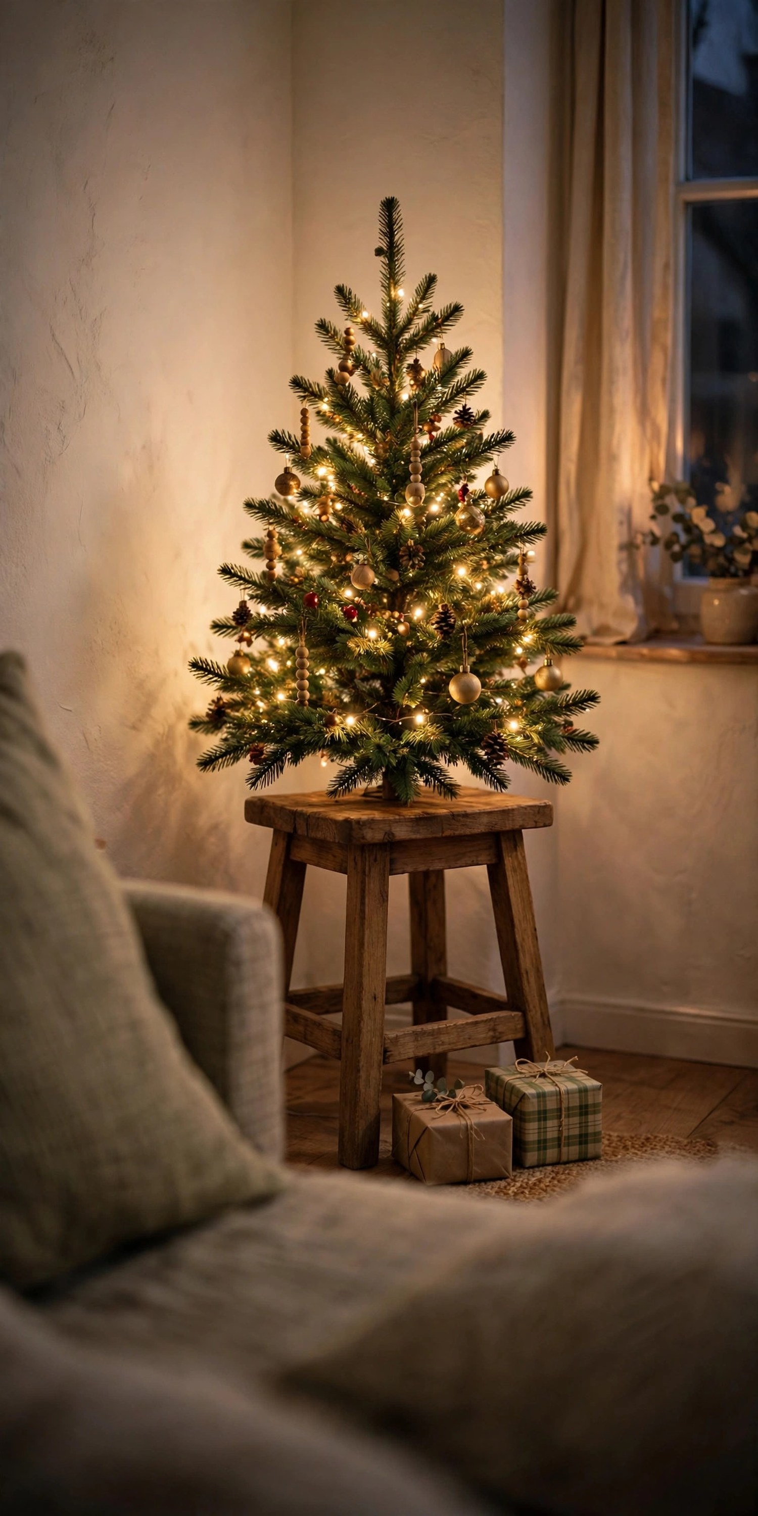 Small decorated Christmas tree raised on a wooden stool in a living room corner with wrapped gifts at the base