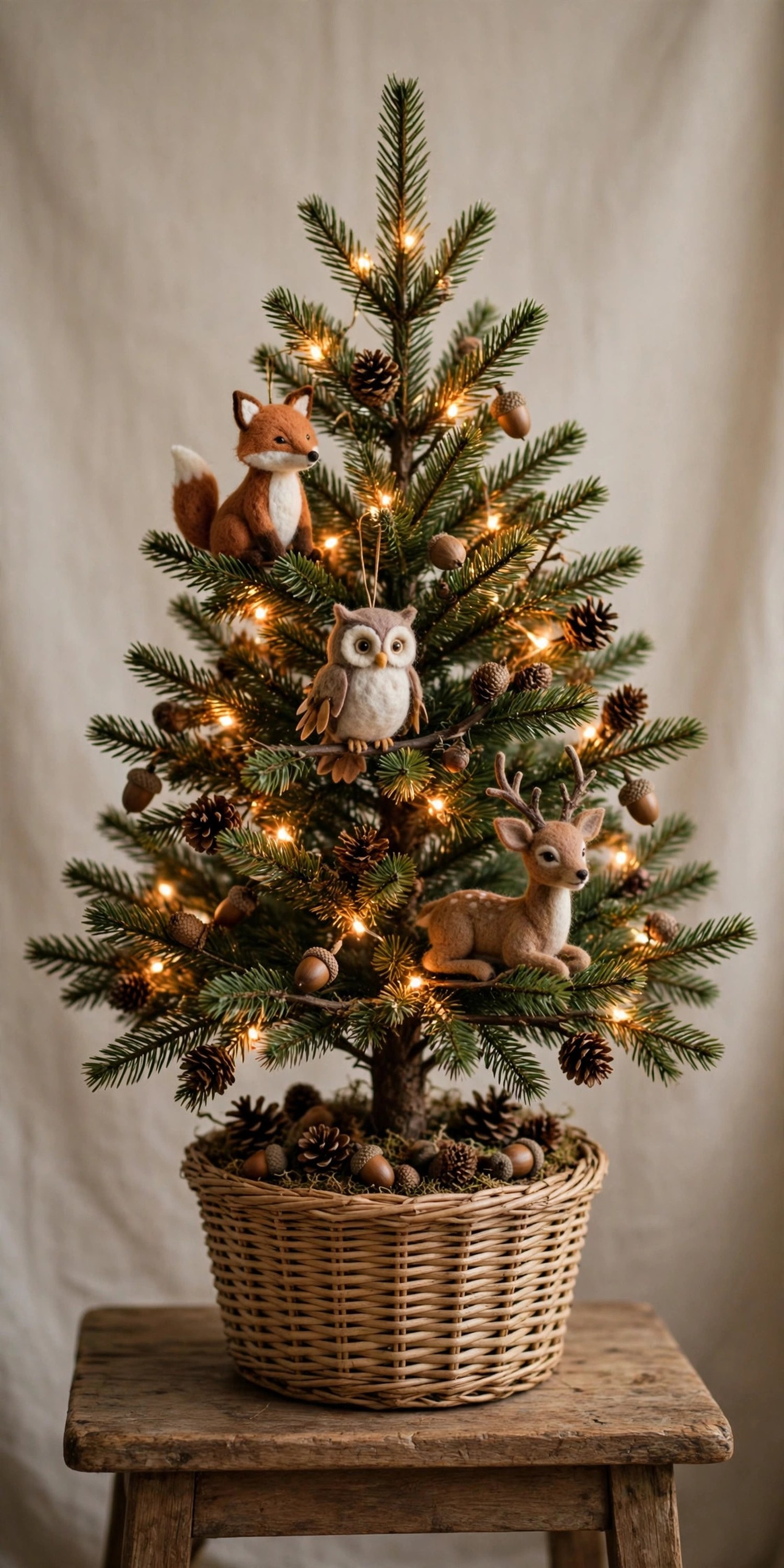 Small Christmas tree in a woven basket decorated with felt fox, owl, and deer ornaments, pinecones, and acorns