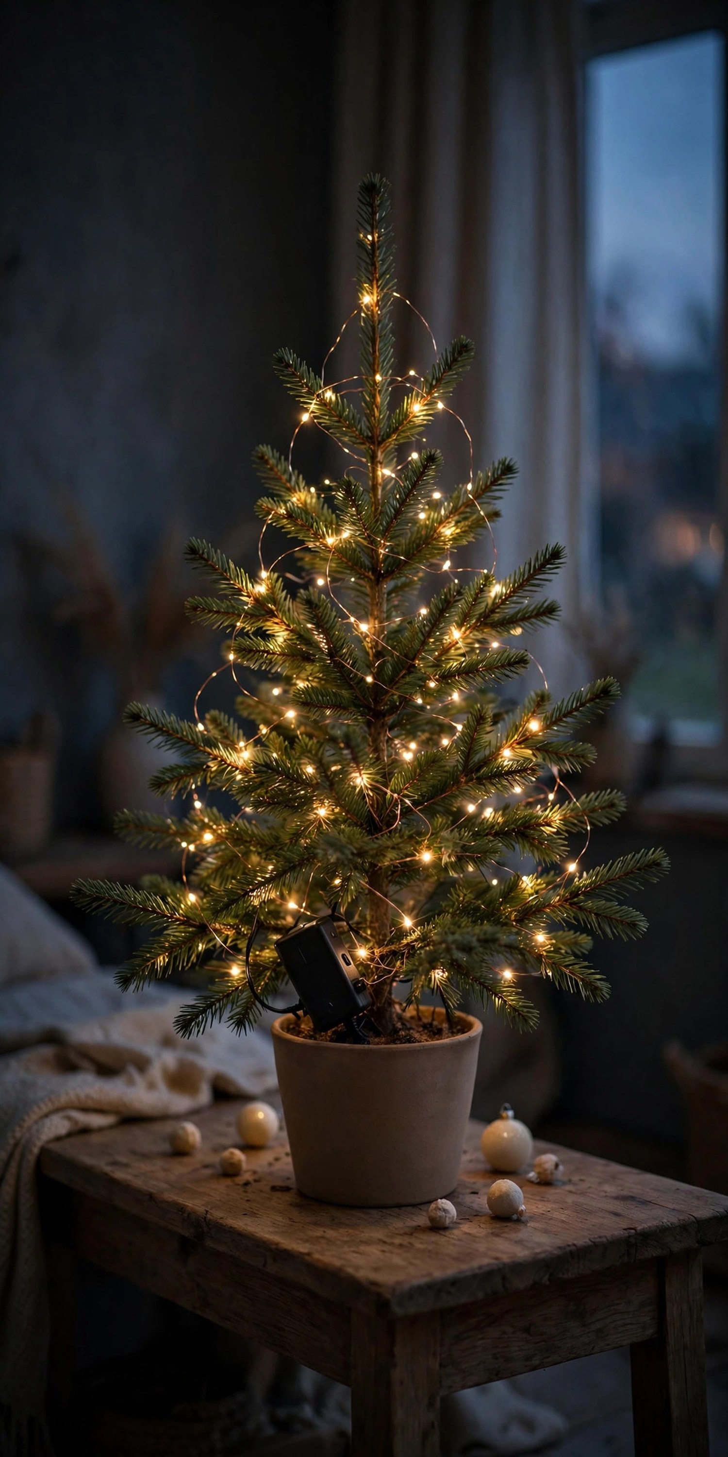 Small Christmas tree wrapped in warm fairy lights on fine copper wire with a battery pack at its base in a dim room