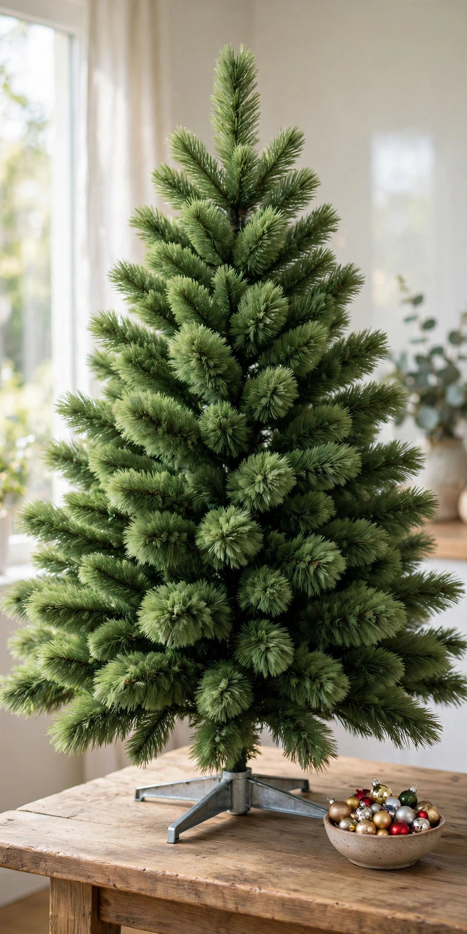 Fully fluffed undecorated small artificial Christmas tree on a metal stand with a bowl of miniature ornaments beside it