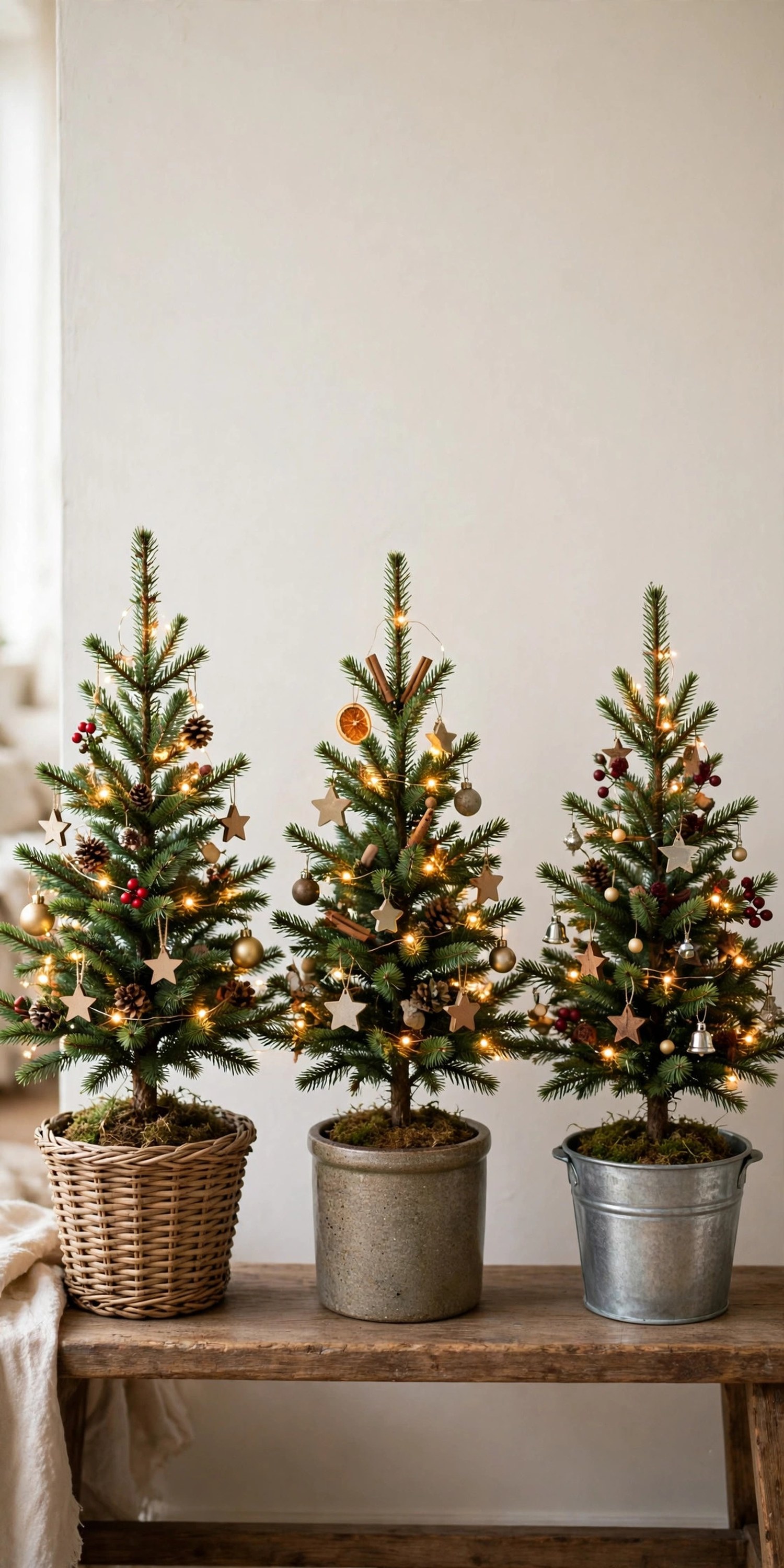 Three small Christmas trees in a woven basket, a stoneware crock, and a galvanized bucket on a wooden bench