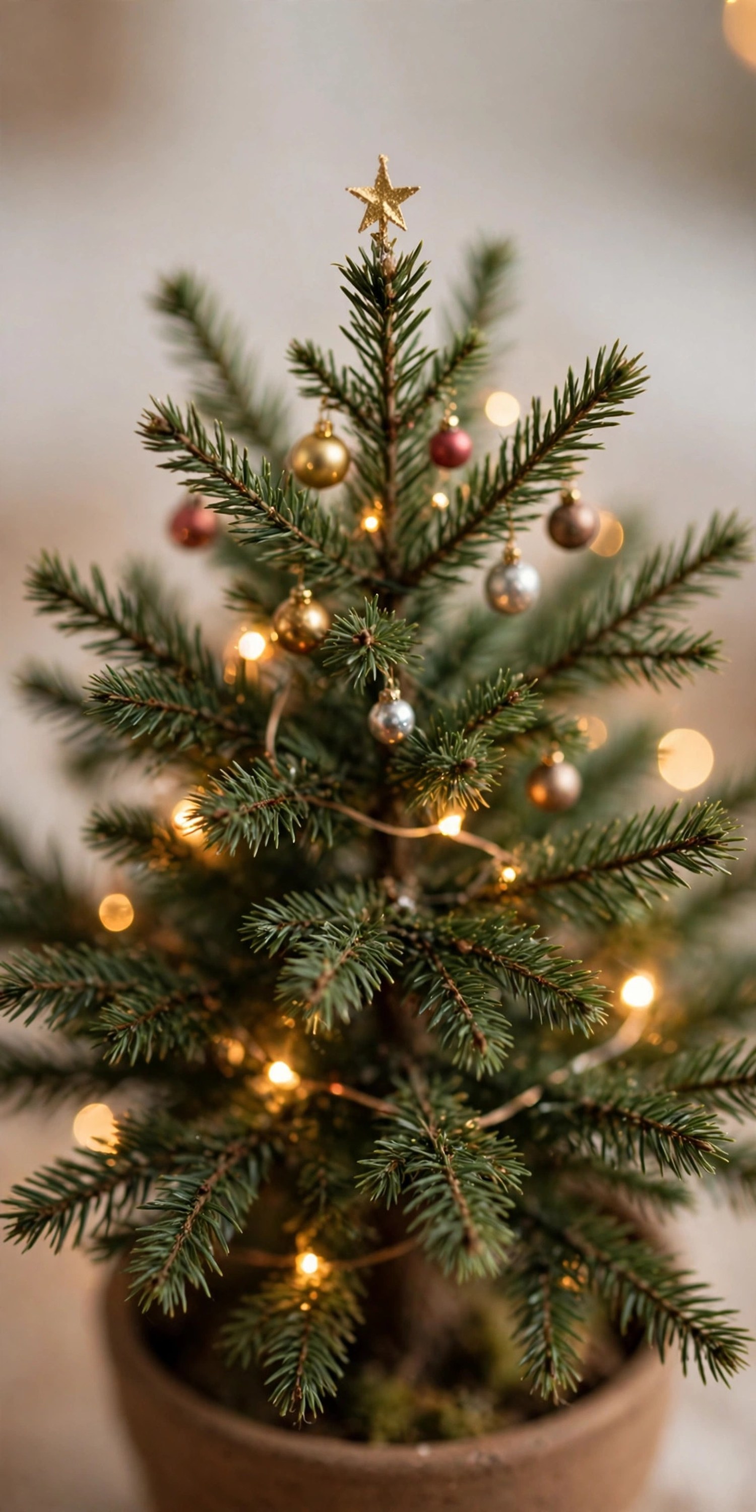 Top of a small Christmas tree crowned with a small gold star topper above miniature baubles